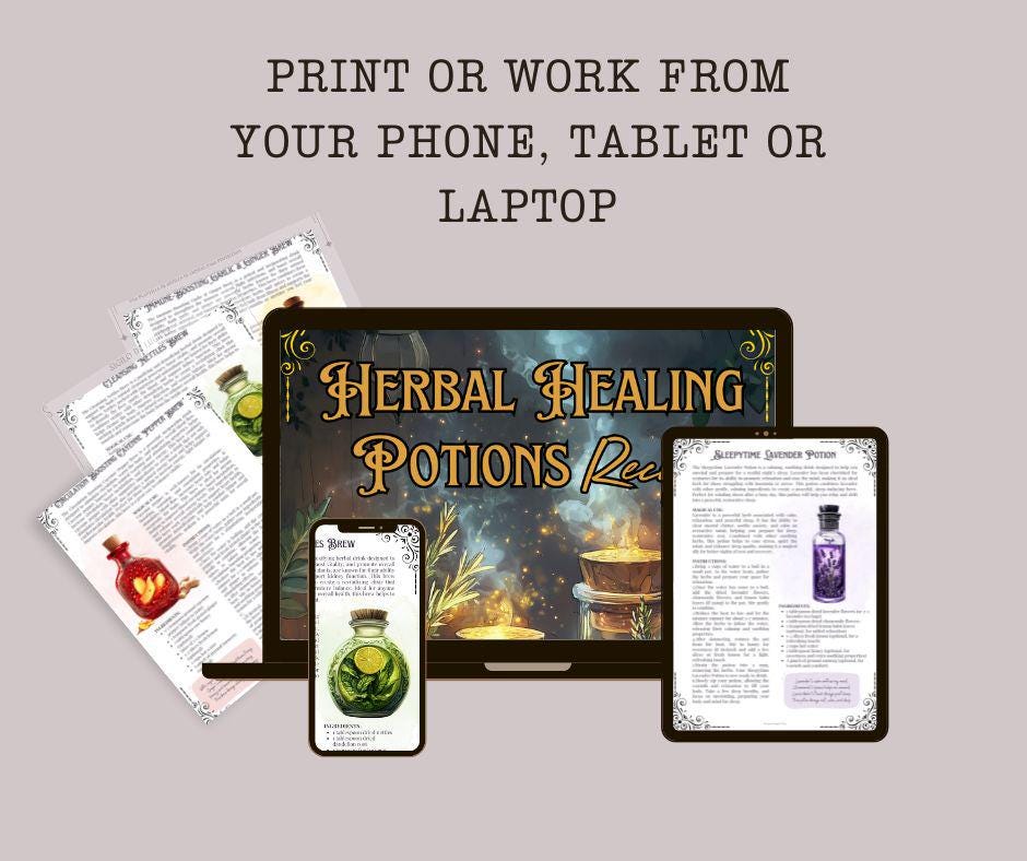 24 Herbal healing potions. Beautiful pages for your Grimoire or Book Of Shadows. Printable