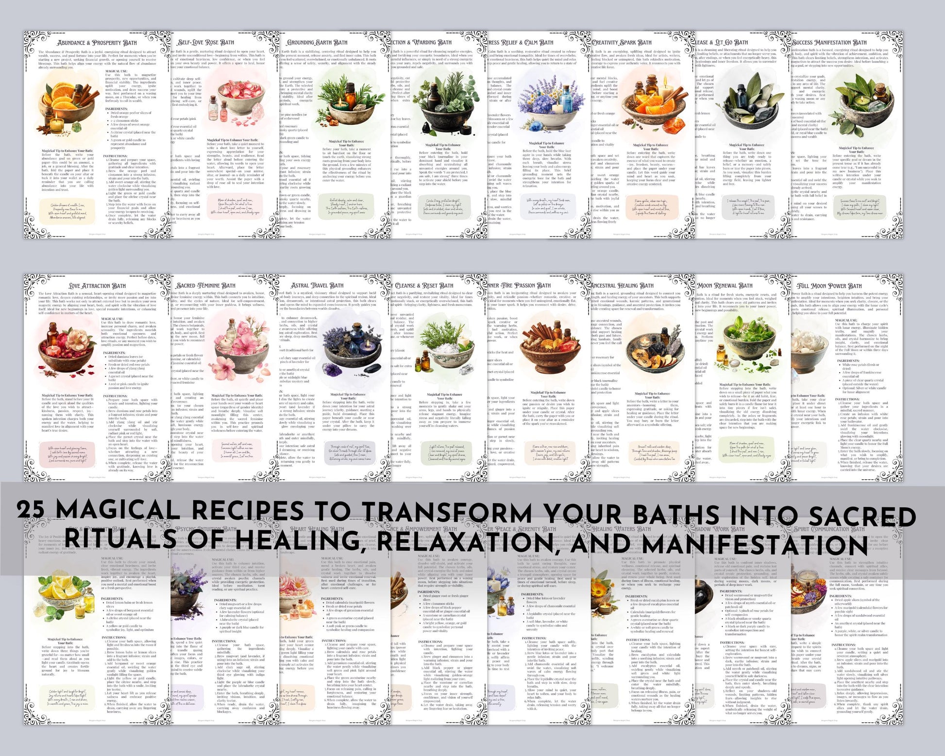 25 Magickal Bath Spells & Ritual Recipes | Printable Grimoire Pages | Witchcraft Self-Care Digital Download