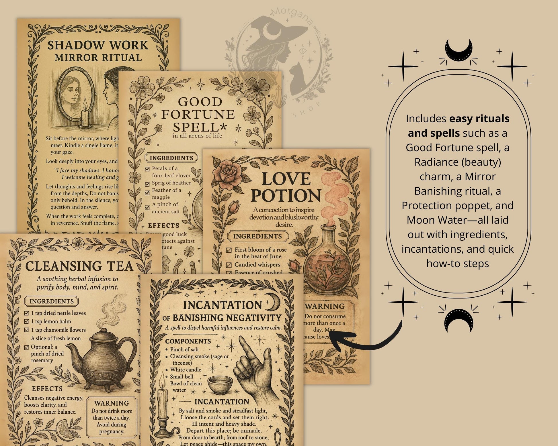 Grimoire Journal Printable – 76 Witchcraft Pages | Book of Shadows | Vintage Ephemera Magic Paper | Antique Parchment Digital Download
