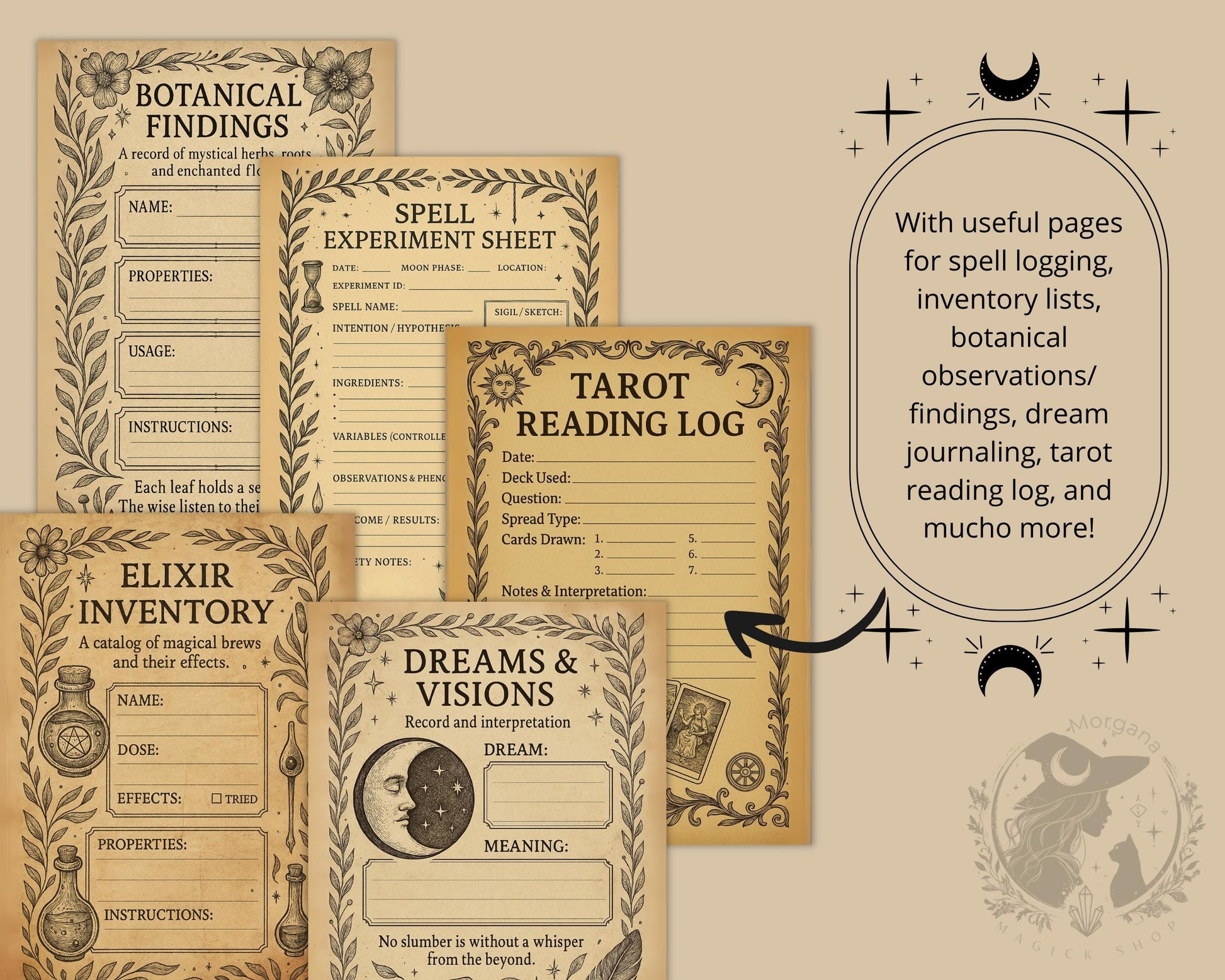 Grimoire Journal Printable – 76 Witchcraft Pages | Book of Shadows | Vintage Ephemera Magic Paper | Antique Parchment Digital Download