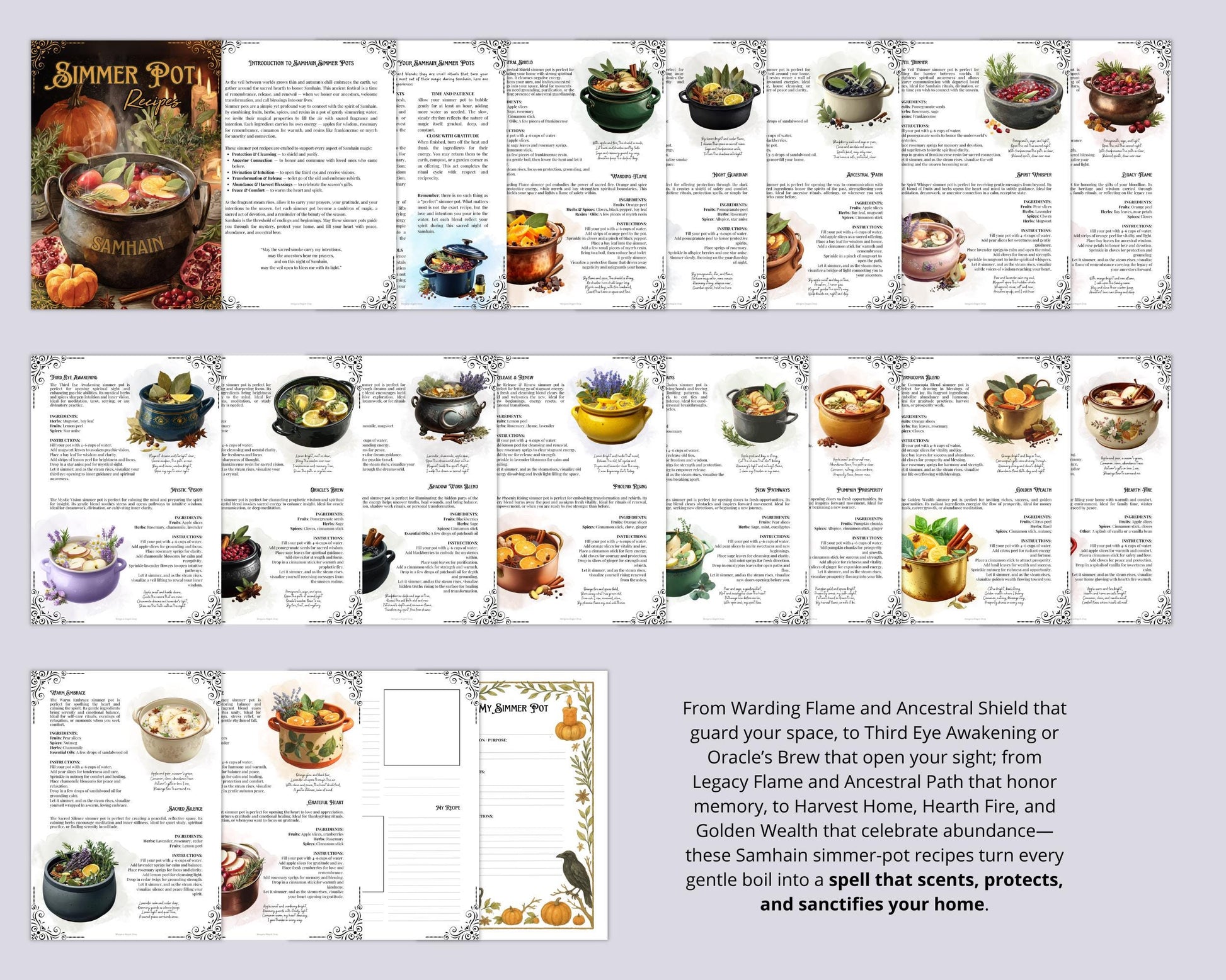 Samhain Simmer Pot Recipes PDF | Witchy Stovetop Potpourri Rituals, Wiccan Fall Magic, Ancestral Connection, Protection & Cleansing.