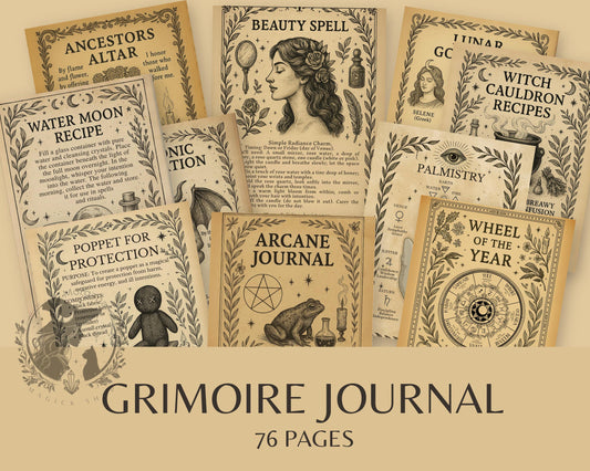 Grimoire Journal Printable – 76 Witchcraft Pages | Book of Shadows | Vintage Ephemera Magic Paper | Antique Parchment Digital Download