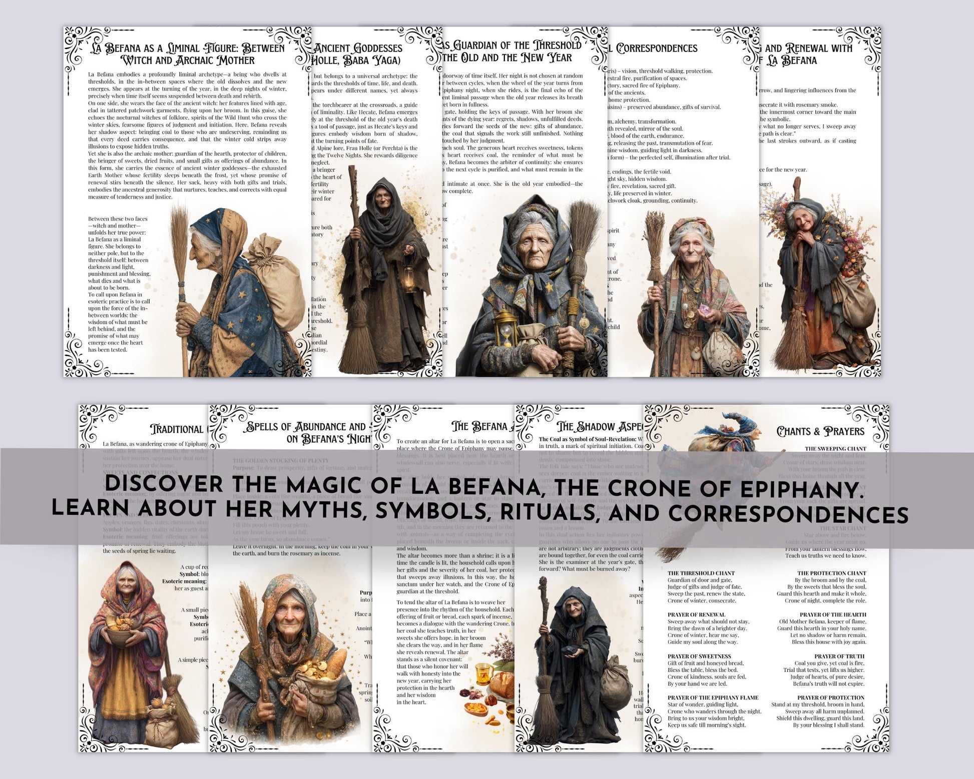 La Befana Grimoire Pages – Epiphany Crone –Italian Witch Folklore – Rituals, Pagan Spells, Wicca Wheel of the Year – Printable