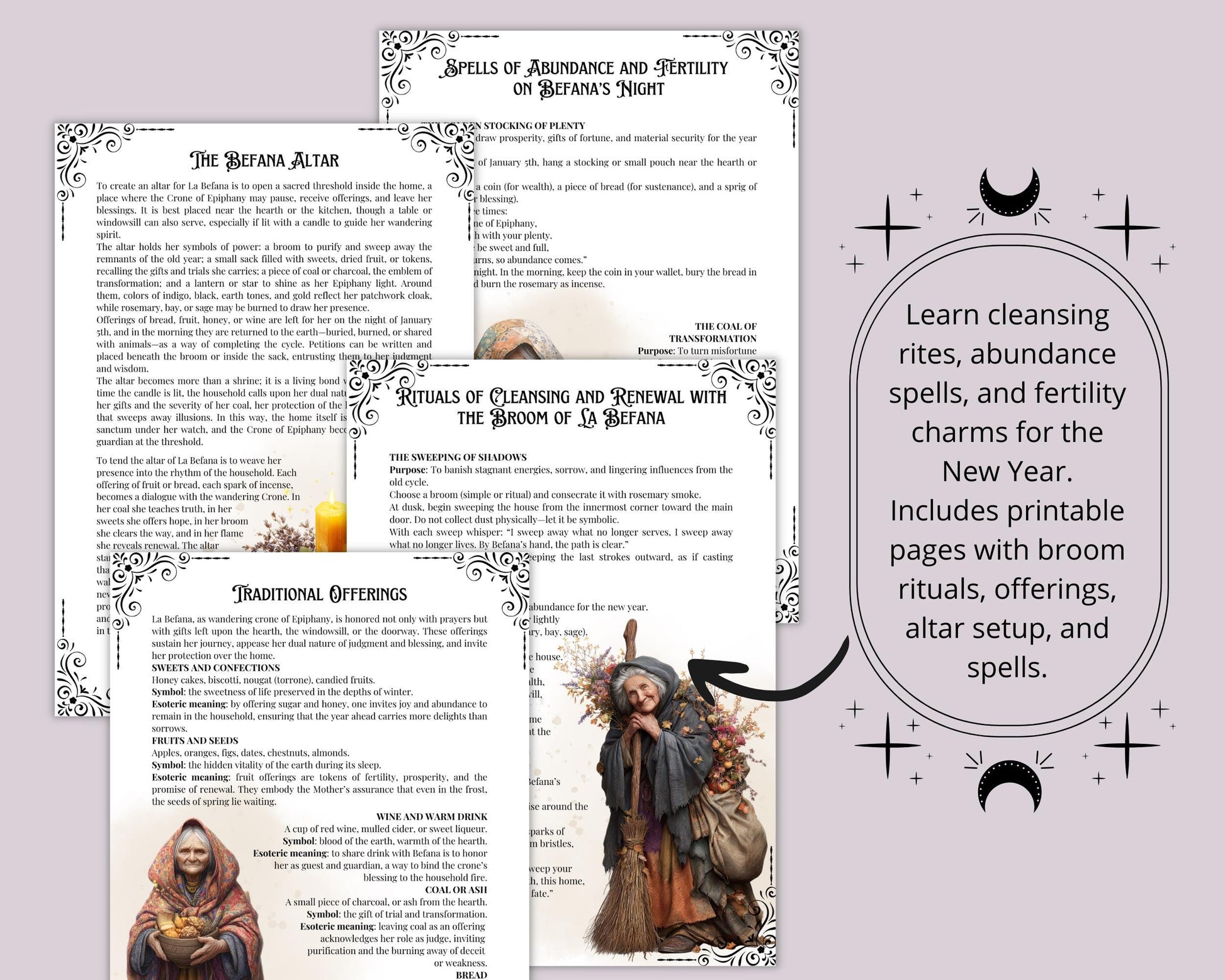 La Befana Grimoire Pages – Epiphany Crone –Italian Witch Folklore – Rituals, Pagan Spells, Wicca Wheel of the Year – Printable