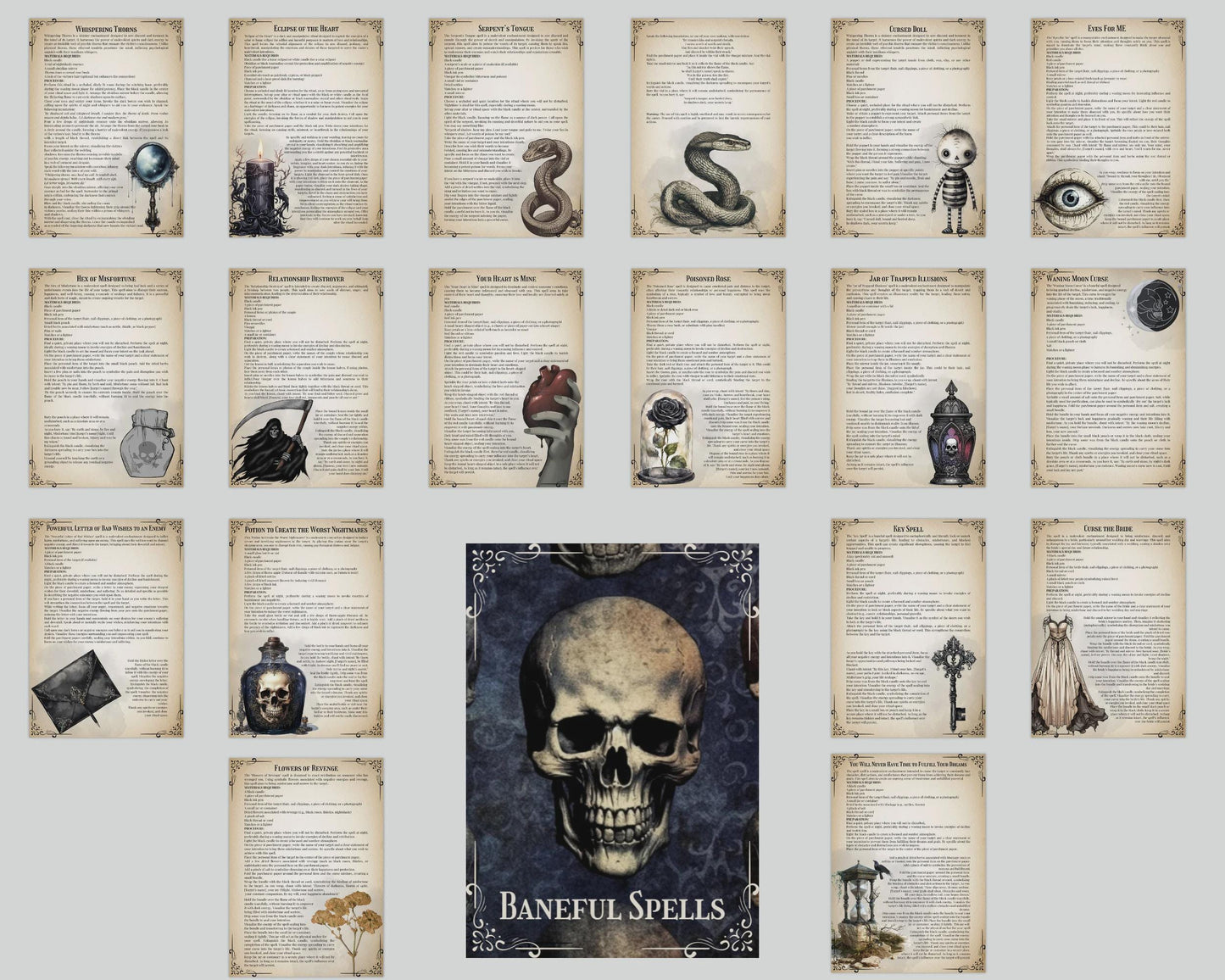 Baneful Spells Grimoire Printable | Dark Magic and Shadow Work Reference | Ancient Curses, Protection, Hex Breaking & Ritual Guide