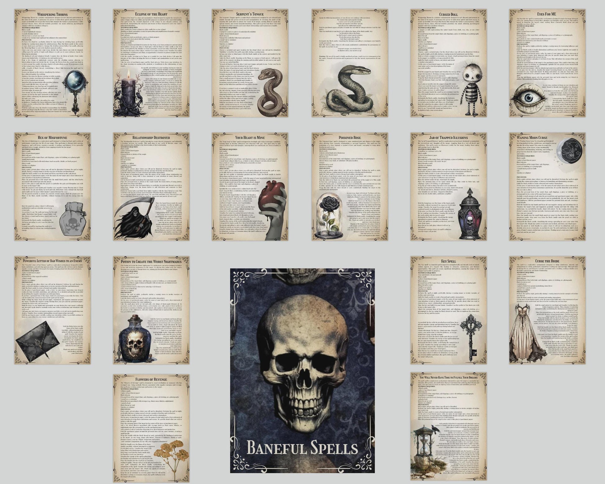 Baneful Spells Grimoire Printable | Dark Magic and Shadow Work Reference | Ancient Curses, Protection, Hex Breaking & Ritual Guide
