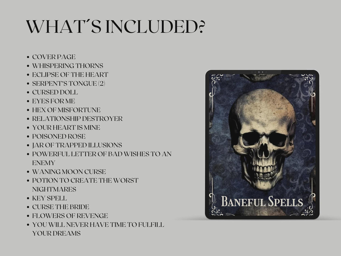 Baneful Spells Grimoire Printable | Dark Magic and Shadow Work Reference | Ancient Curses, Protection, Hex Breaking & Ritual Guide
