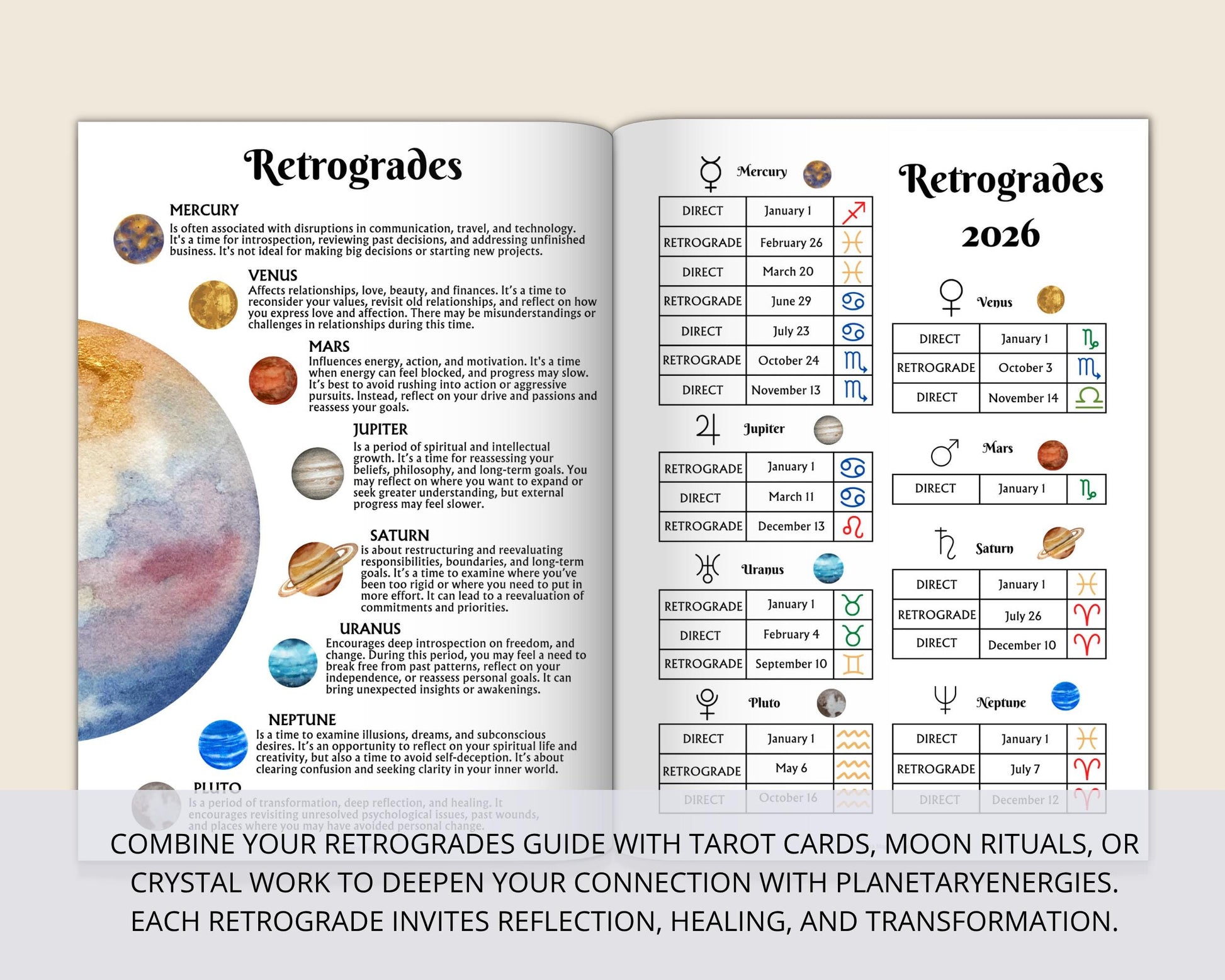 Planetary Retrogrades 2026 Printable | 2 Grimoire Pages | Astrology Magic PDF | Witch Planner Insert | Digital Download