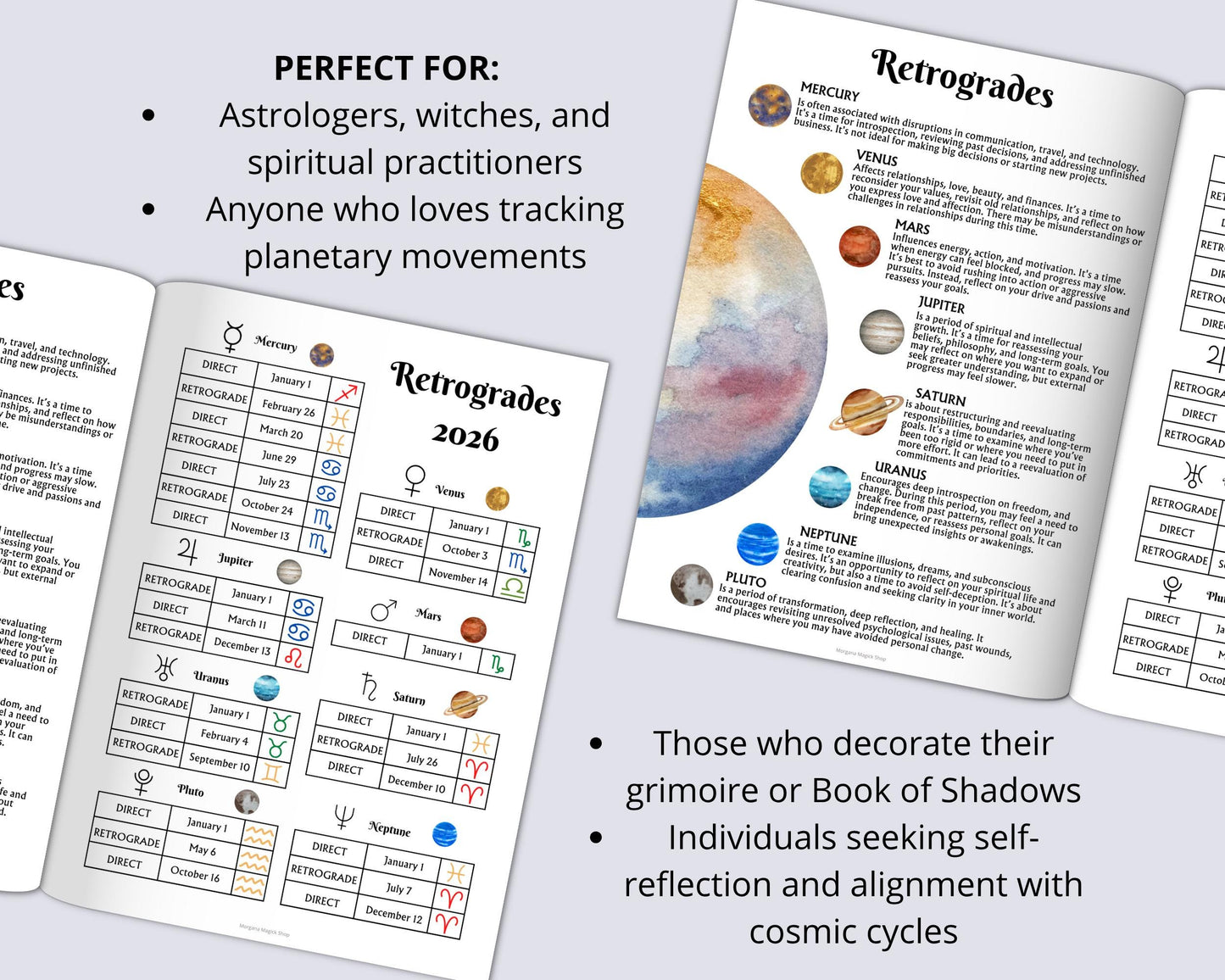 Planetary Retrogrades 2026 Printable | 2 Grimoire Pages | Astrology Magic PDF | Witch Planner Insert | Digital Download