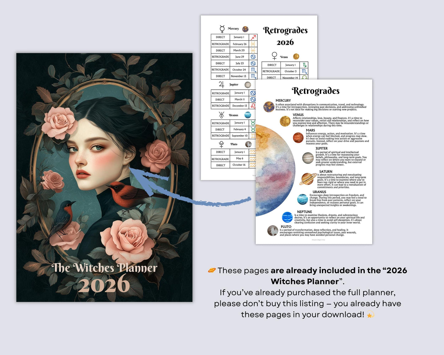 Planetary Retrogrades 2026 Printable | 2 Grimoire Pages | Astrology Magic PDF | Witch Planner Insert | Digital Download