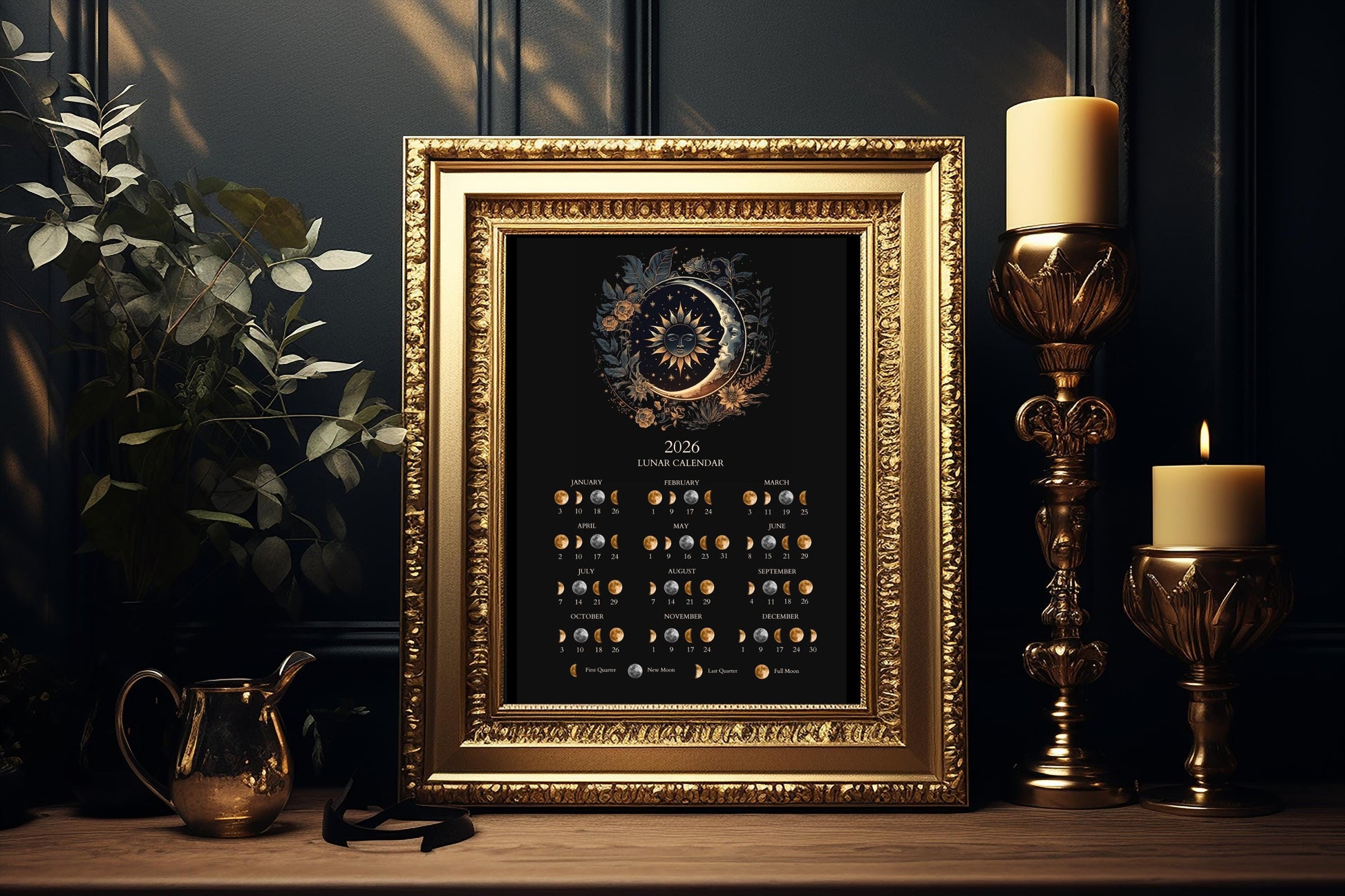 2026 Lunar Calendar Printable | Moon Phases 2026 | Mystical Sun and Moon Art | Boho Astrology Wall Decor Digital Download