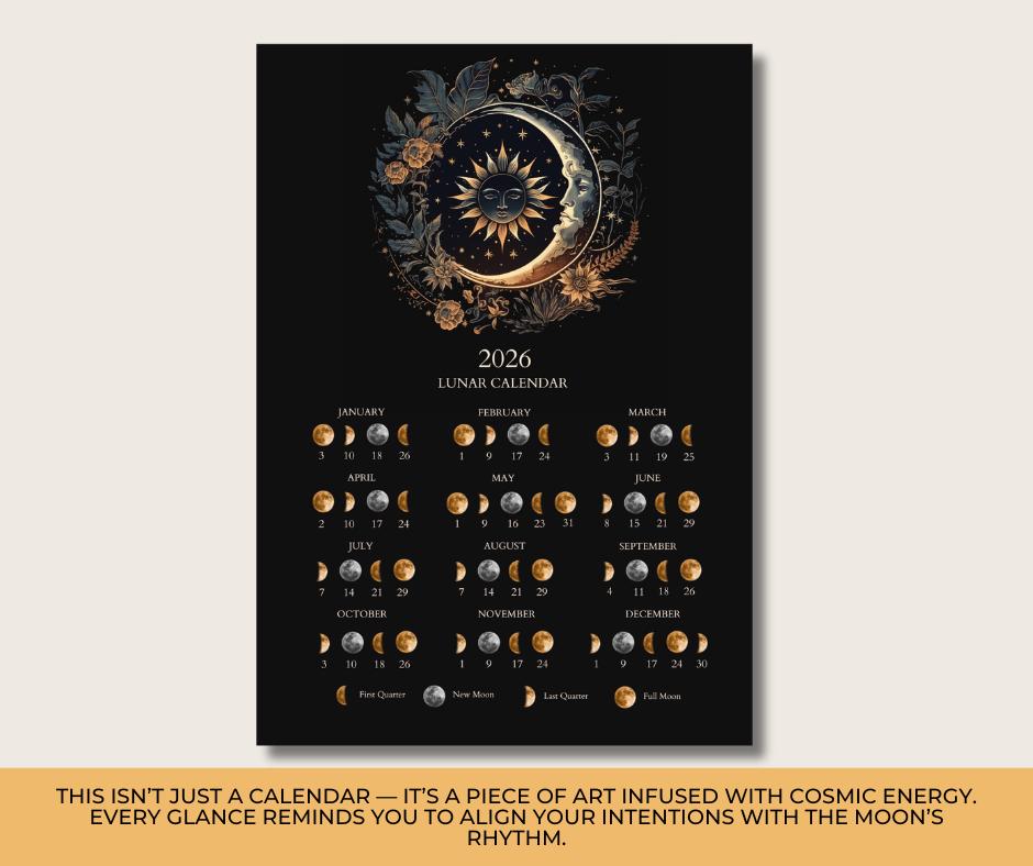 2026 Lunar Calendar Printable | Moon Phases 2026 | Mystical Sun and Moon Art | Boho Astrology Wall Decor Digital Download