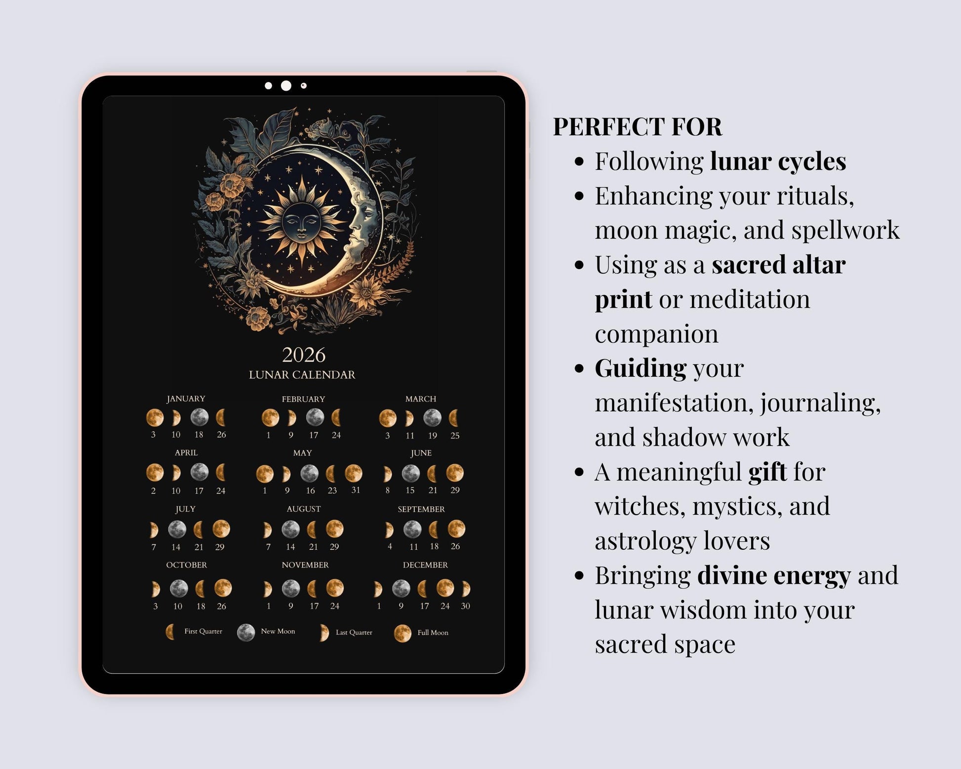 2026 Lunar Calendar Printable | Moon Phases 2026 | Mystical Sun and Moon Art | Boho Astrology Wall Decor Digital Download