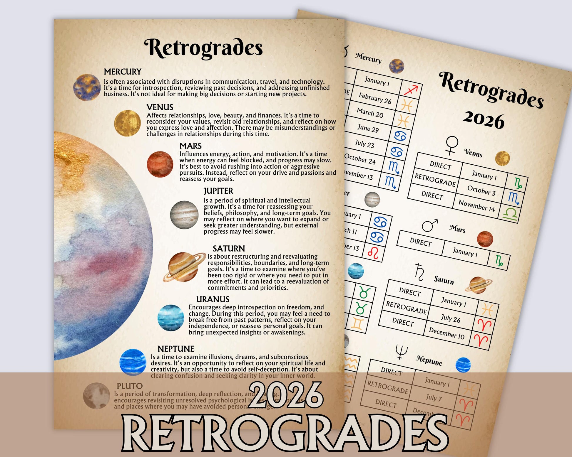 Planetary Retrogrades 2026 Printable | 2 Grimoire Pages | Astrology Magic PDF | Witch Planner Insert | Digital Download