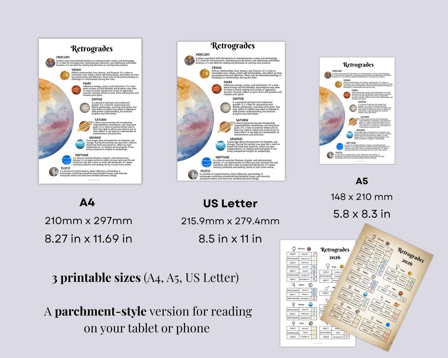Planetary Retrogrades 2026 Printable | 2 Grimoire Pages | Astrology Magic PDF | Witch Planner Insert | Digital Download