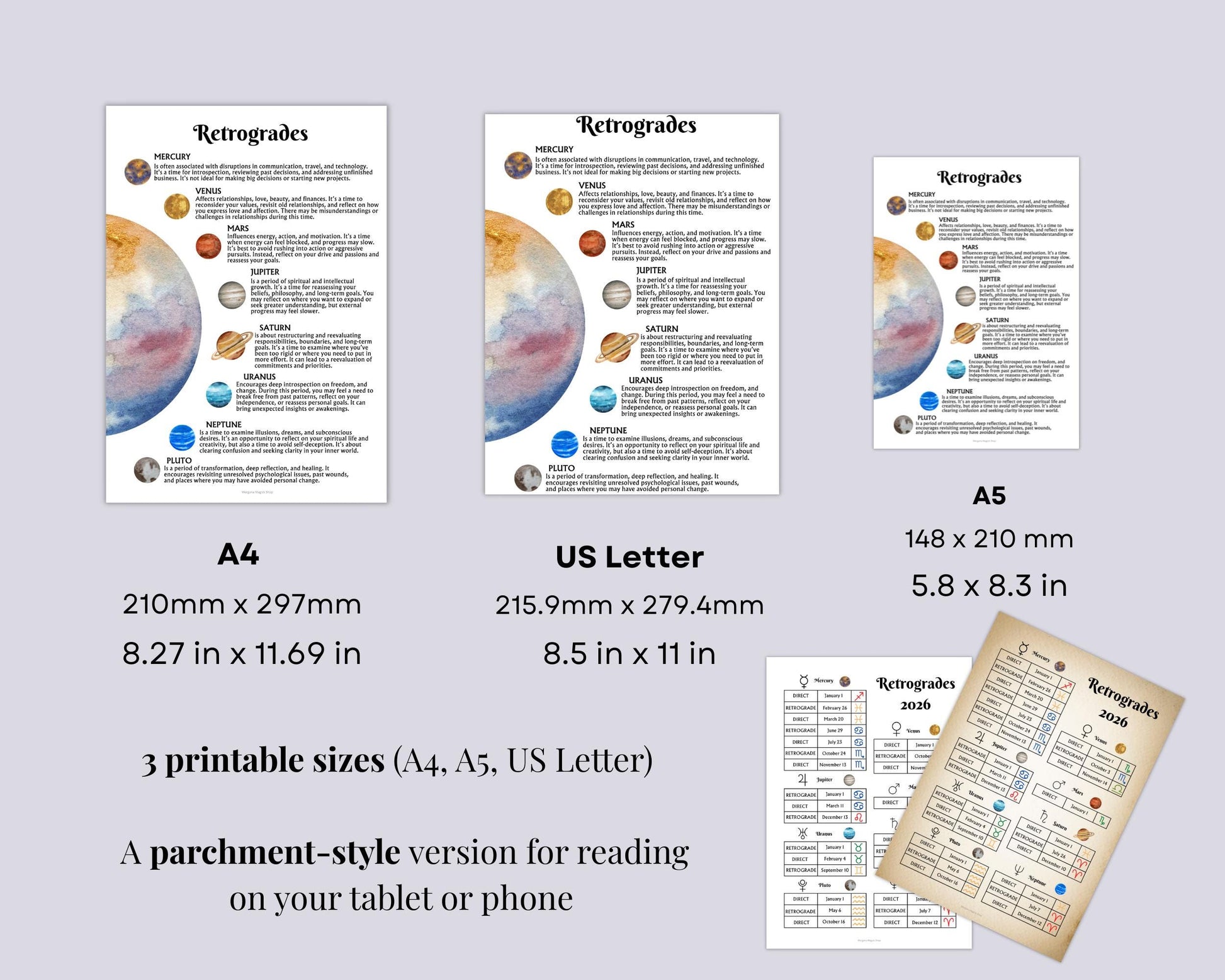 Planetary Retrogrades 2026 Printable | 2 Grimoire Pages | Astrology Magic PDF | Witch Planner Insert | Digital Download