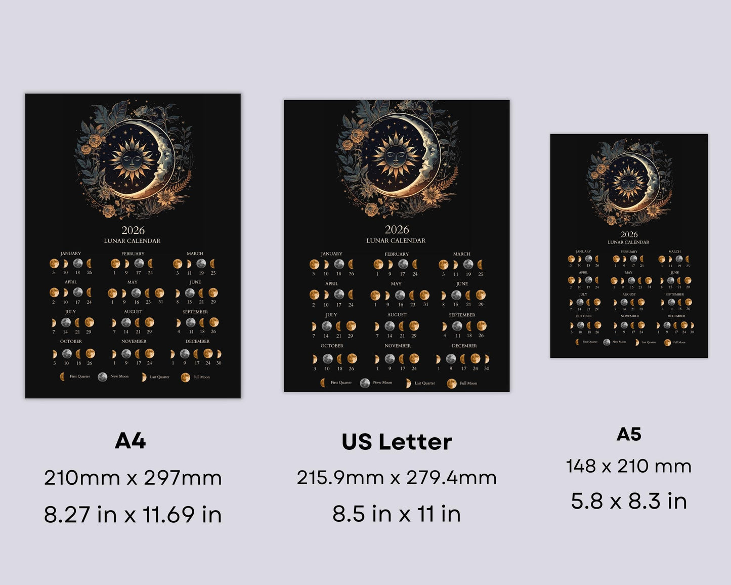 2026 Lunar Calendar Printable | Moon Phases 2026 | Mystical Sun and Moon Art | Boho Astrology Wall Decor Digital Download