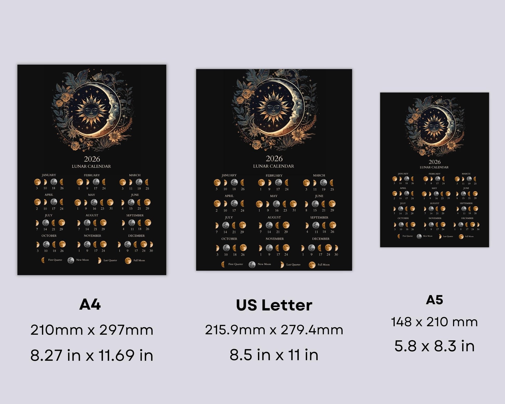 2026 Lunar Calendar Printable | Moon Phases 2026 | Mystical Sun and Moon Art | Boho Astrology Wall Decor Digital Download