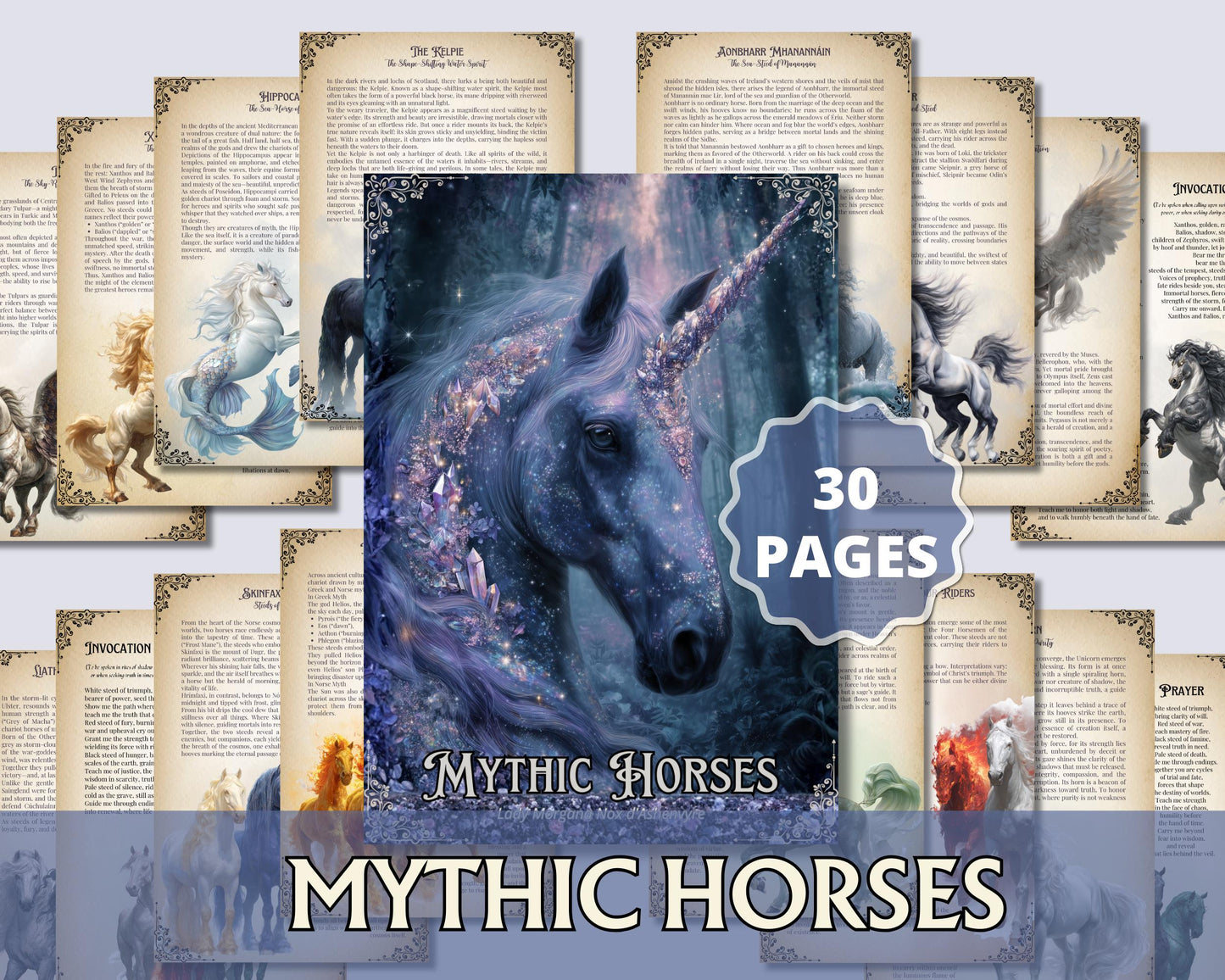Mythic Horses Grimoire Pages Printable | Book of Shadows PDF | Witchcraft Printables | Wicca Pagan Fantasy Horses