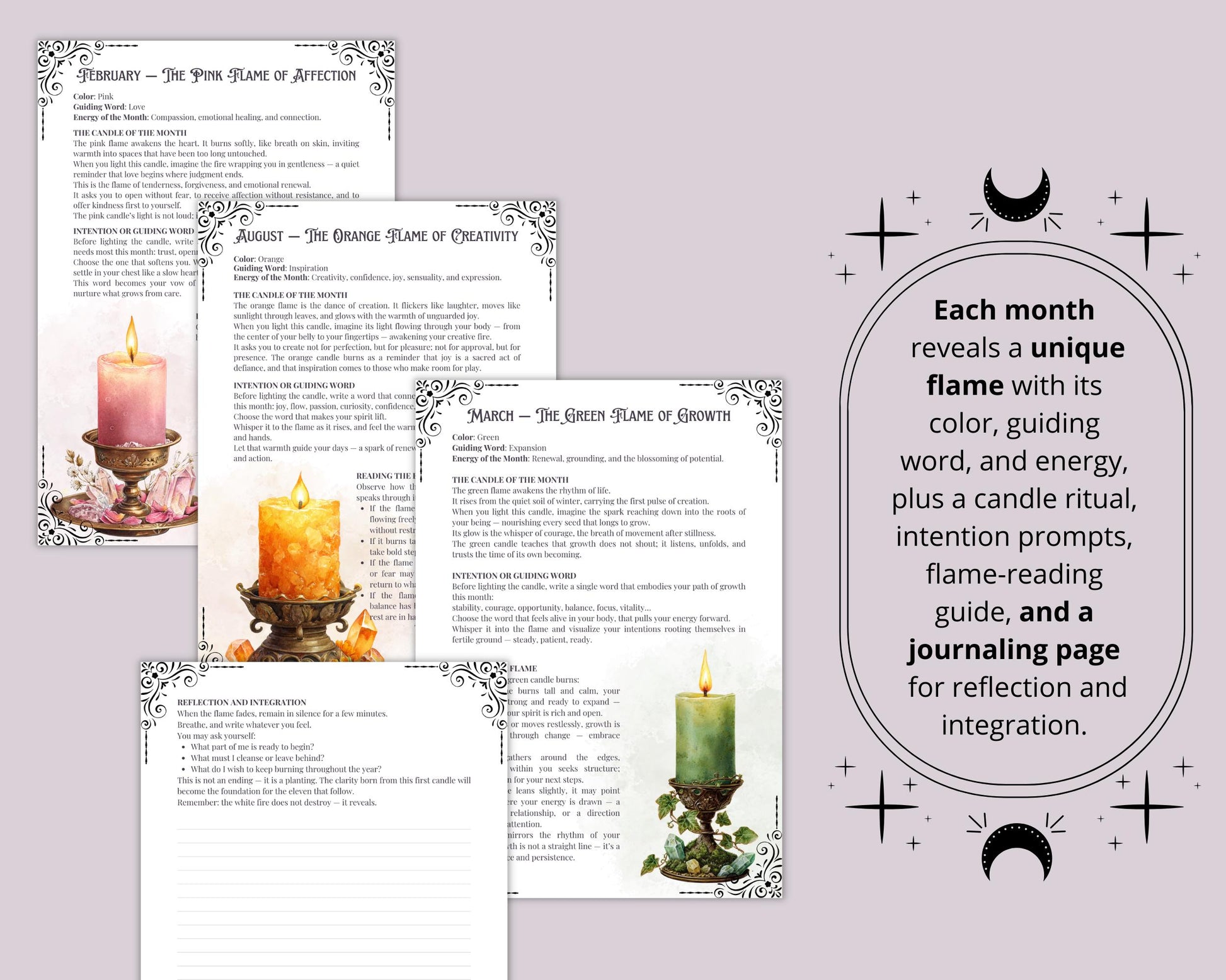 The Twelve Flames | Year-Ahead Candle Oracle & Witch Journal Pages | Printable Grimoire pages