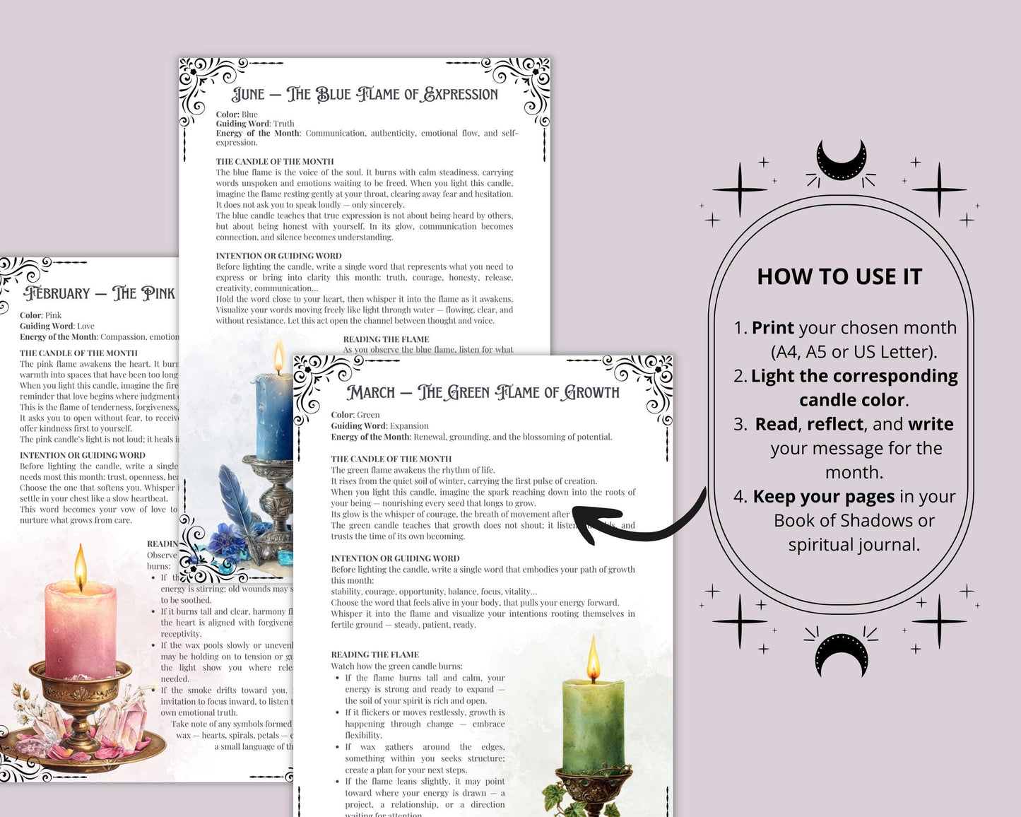 The Twelve Flames | Year-Ahead Candle Oracle & Witch Journal Pages | Printable Grimoire pages