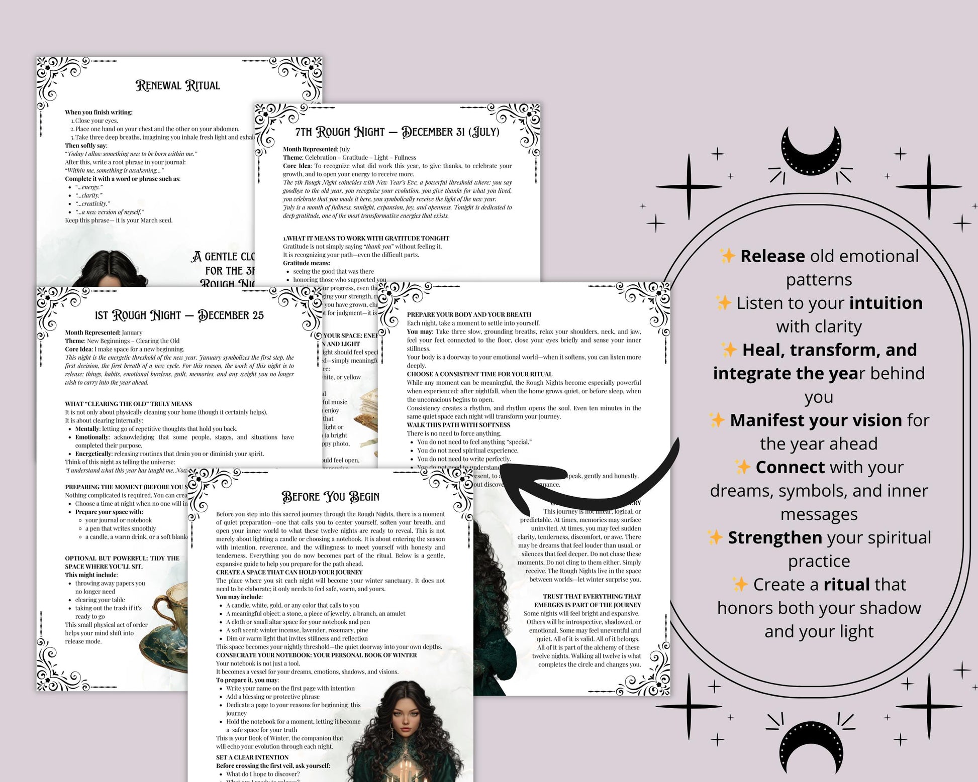 The Rough Nights Grimoire. A Sacred printable Guide Through the 12 Nights of Transformation. Spiritual Workbook.