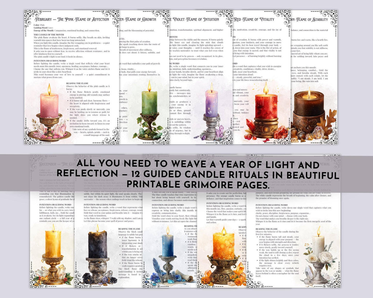 The Twelve Flames | Year-Ahead Candle Oracle & Witch Journal Pages | Printable Grimoire pages