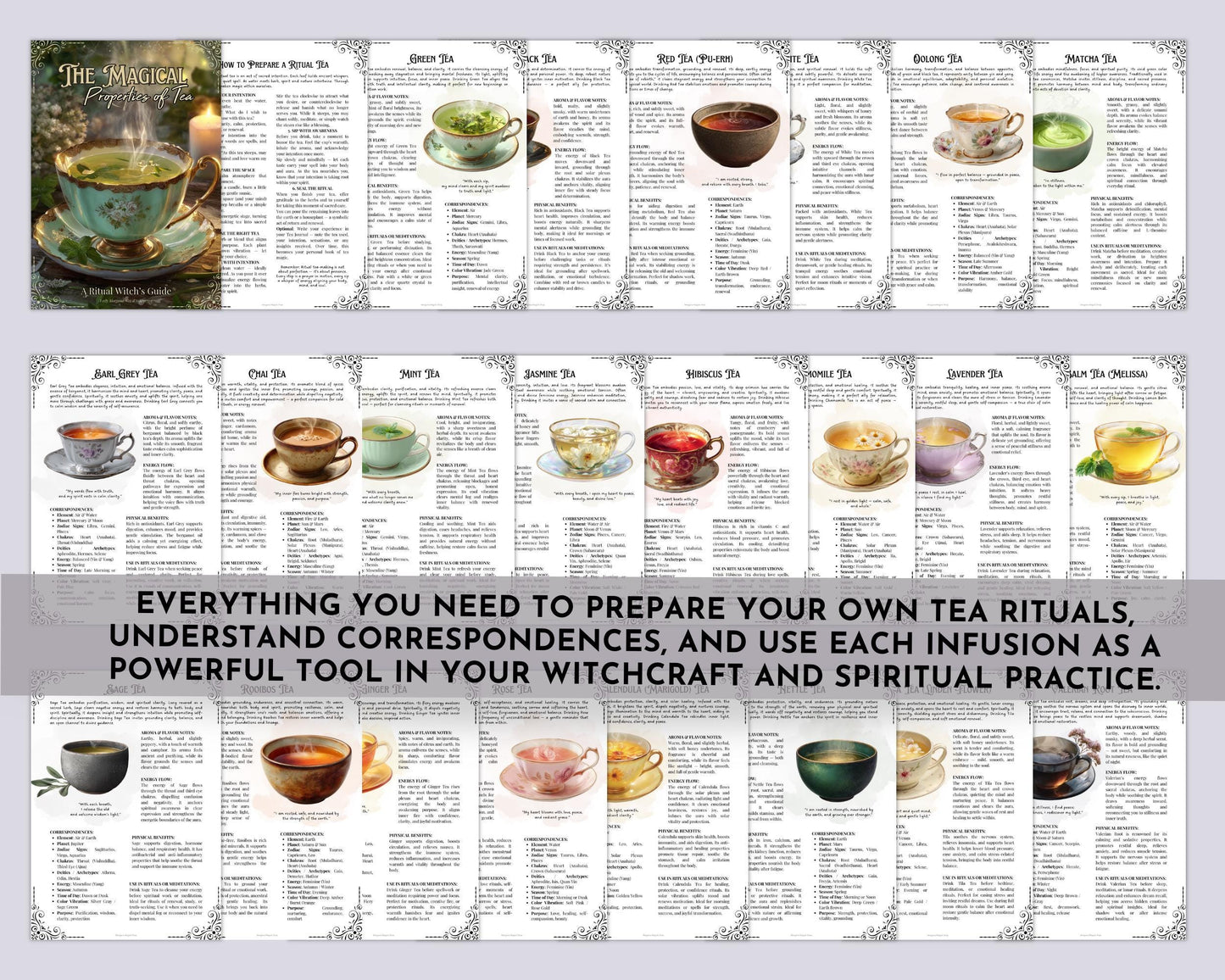 Tea Magic Grimoire Pages | Tea Rituals, Herbal Correspondences & Witchcraft | Printable Book of Shadows PDF