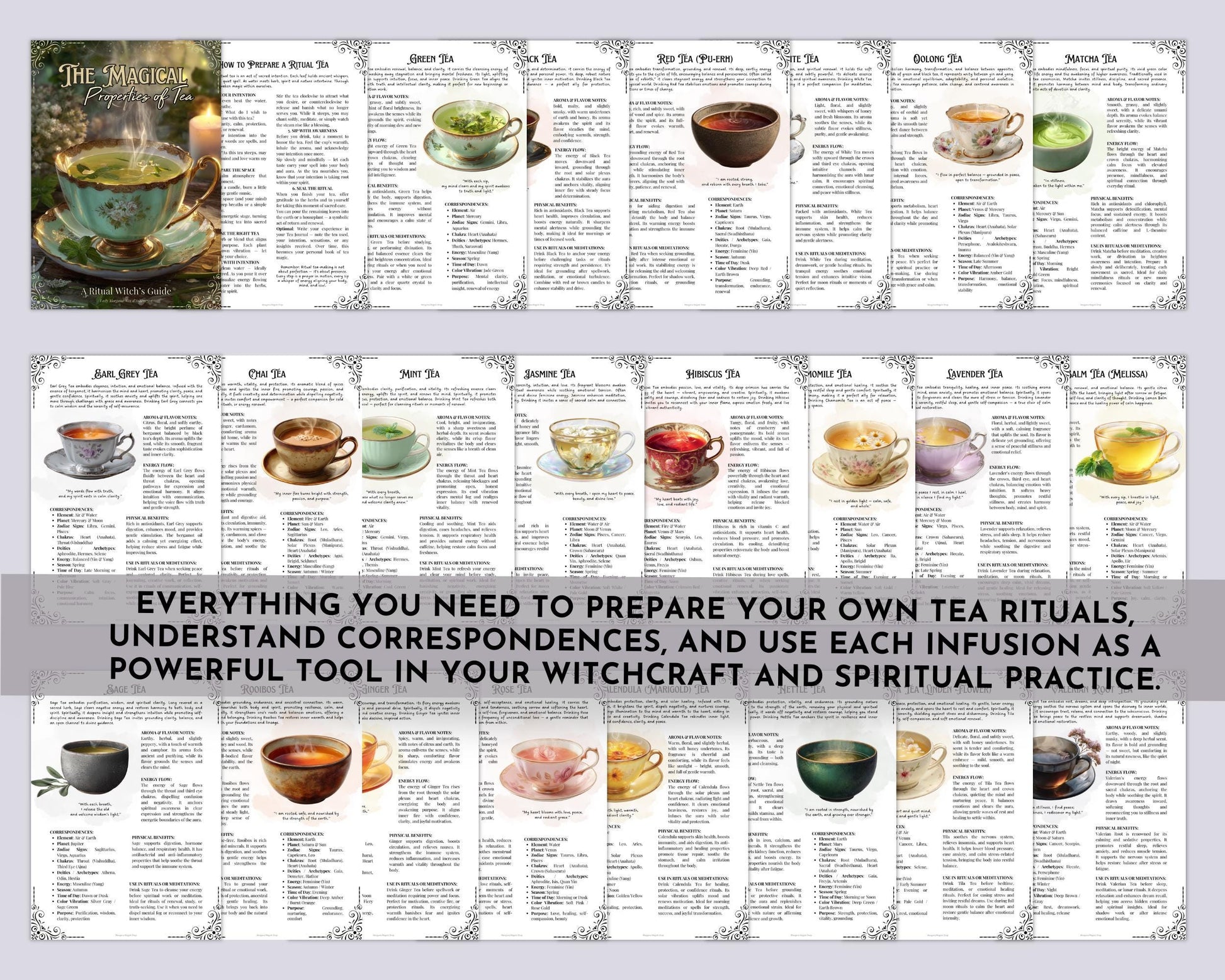 Tea Magic Grimoire Pages | Tea Rituals, Herbal Correspondences & Witchcraft | Printable Book of Shadows PDF