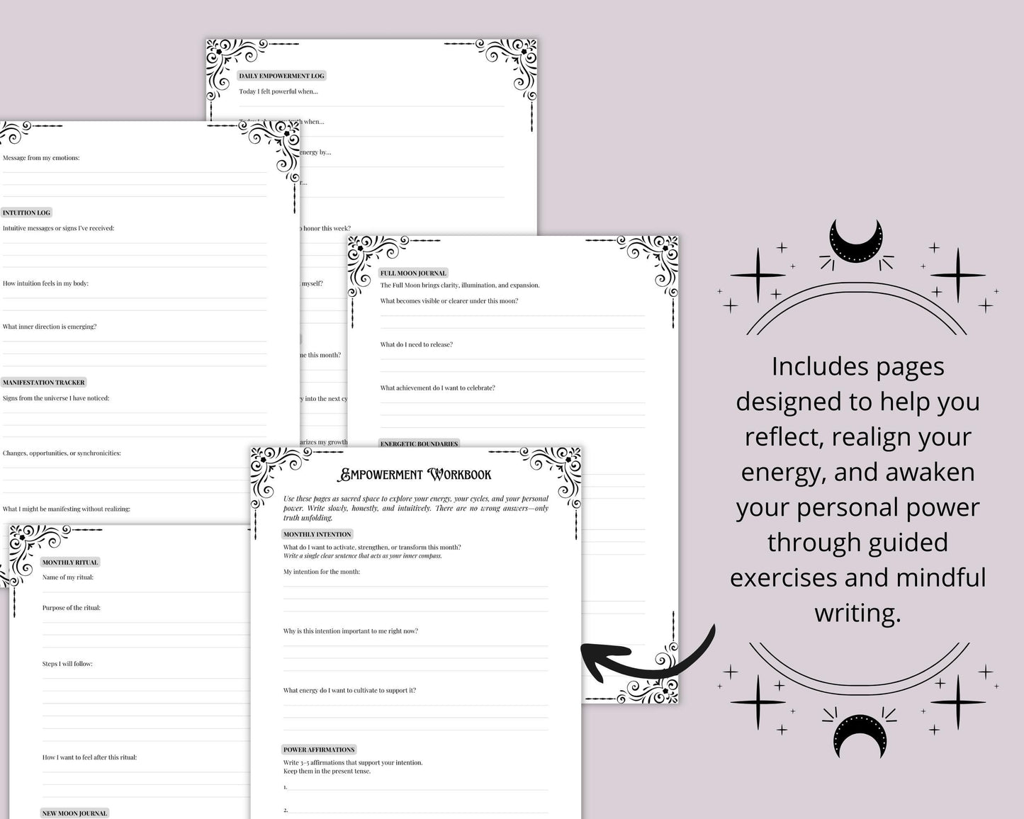 Personal Empowerment Grimoire pages • Spells, Rituals, Crystals, Herbs, Moon Magic • Printable.