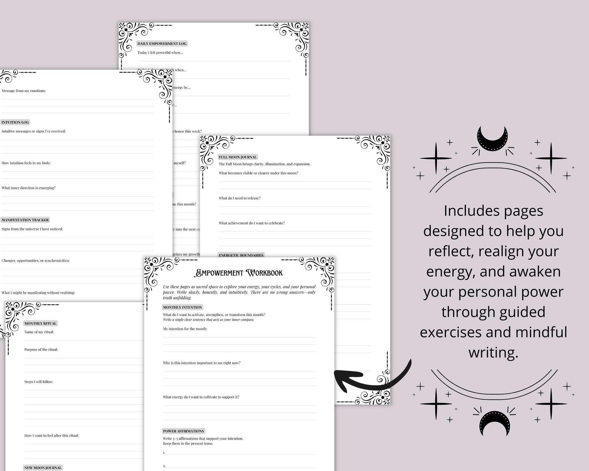 Personal Empowerment Grimoire pages • Spells, Rituals, Crystals, Herbs, Moon Magic • Printable.