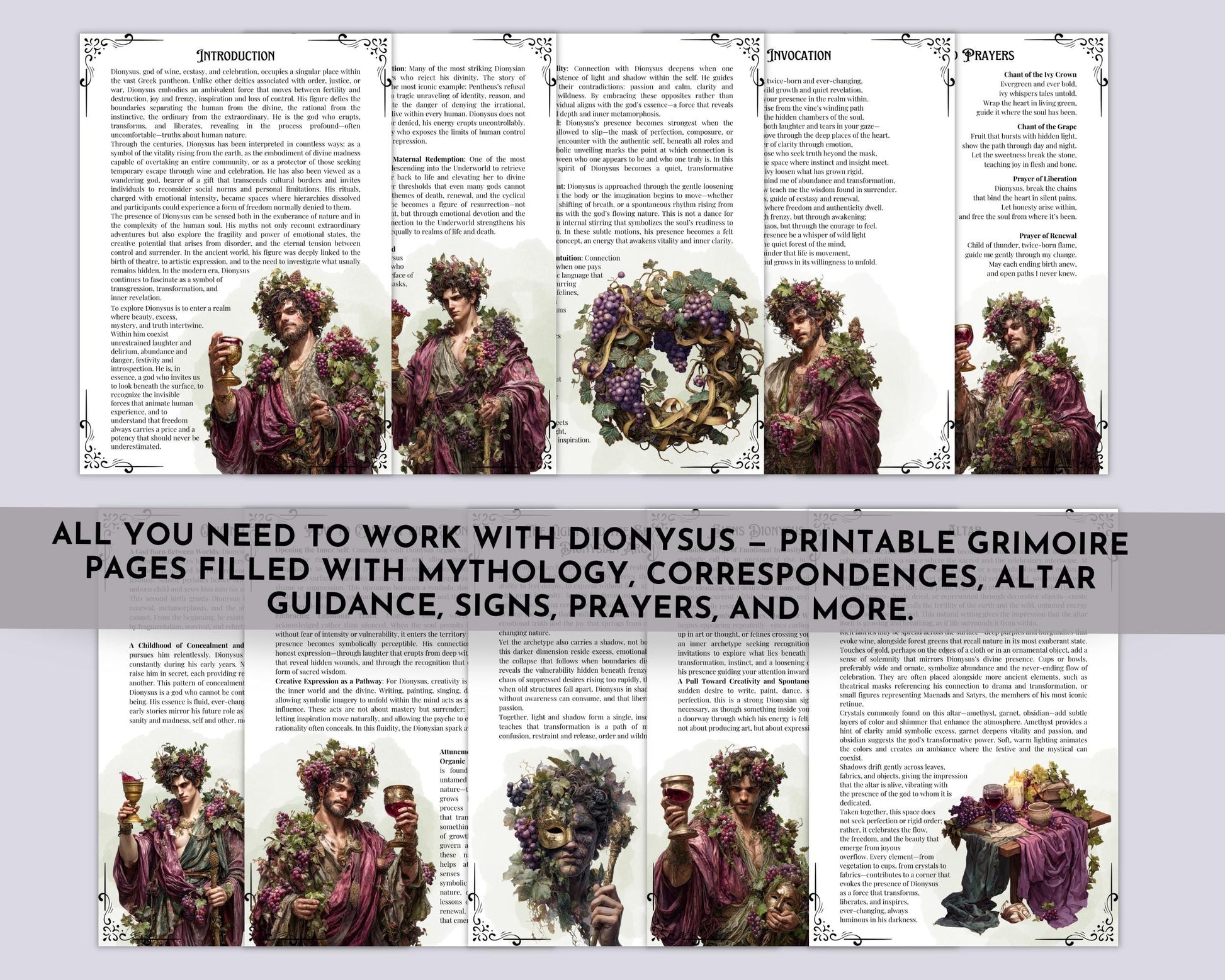 Dionysus Printable Grimoire Pages | Greek God of Ecstasy & Rebirth | Digital Download