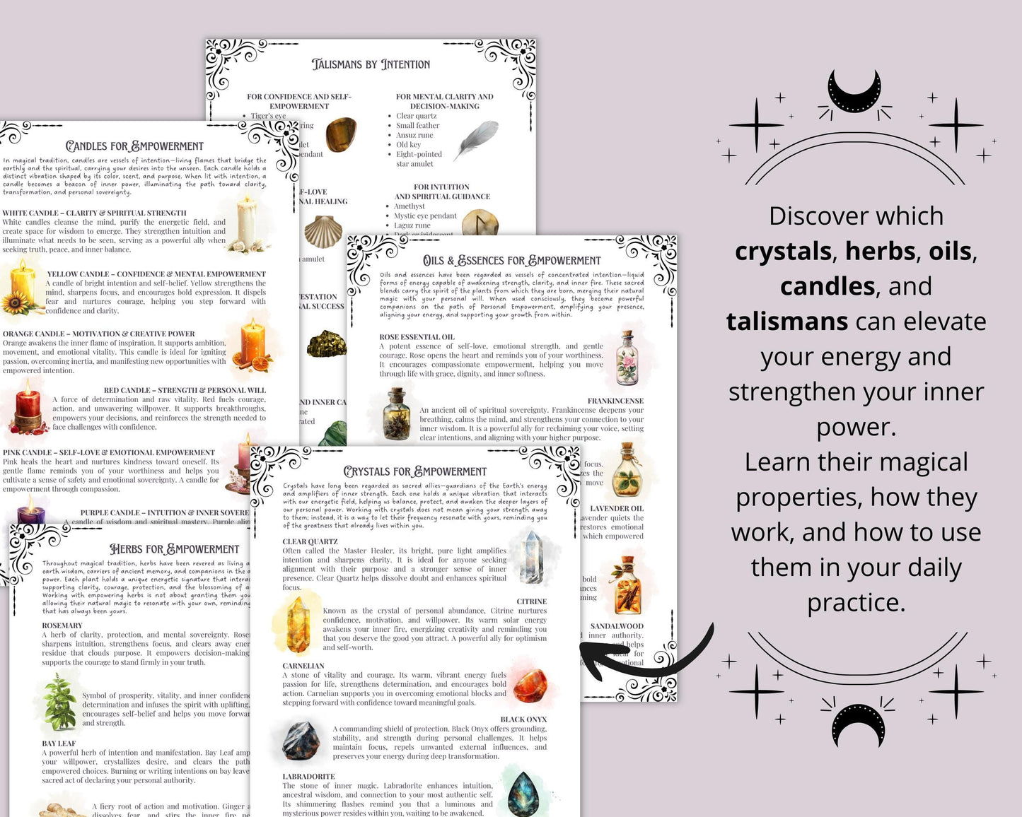 Personal Empowerment Grimoire pages • Spells, Rituals, Crystals, Herbs, Moon Magic • Printable.