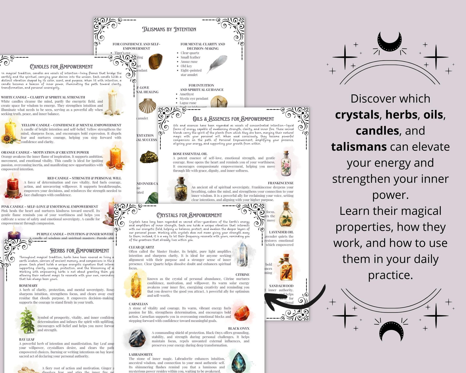 Personal Empowerment Grimoire pages • Spells, Rituals, Crystals, Herbs, Moon Magic • Printable.