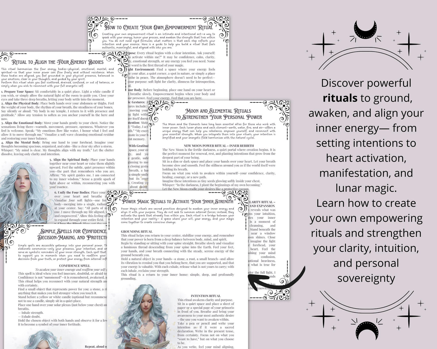 Personal Empowerment Grimoire pages • Spells, Rituals, Crystals, Herbs, Moon Magic • Printable.