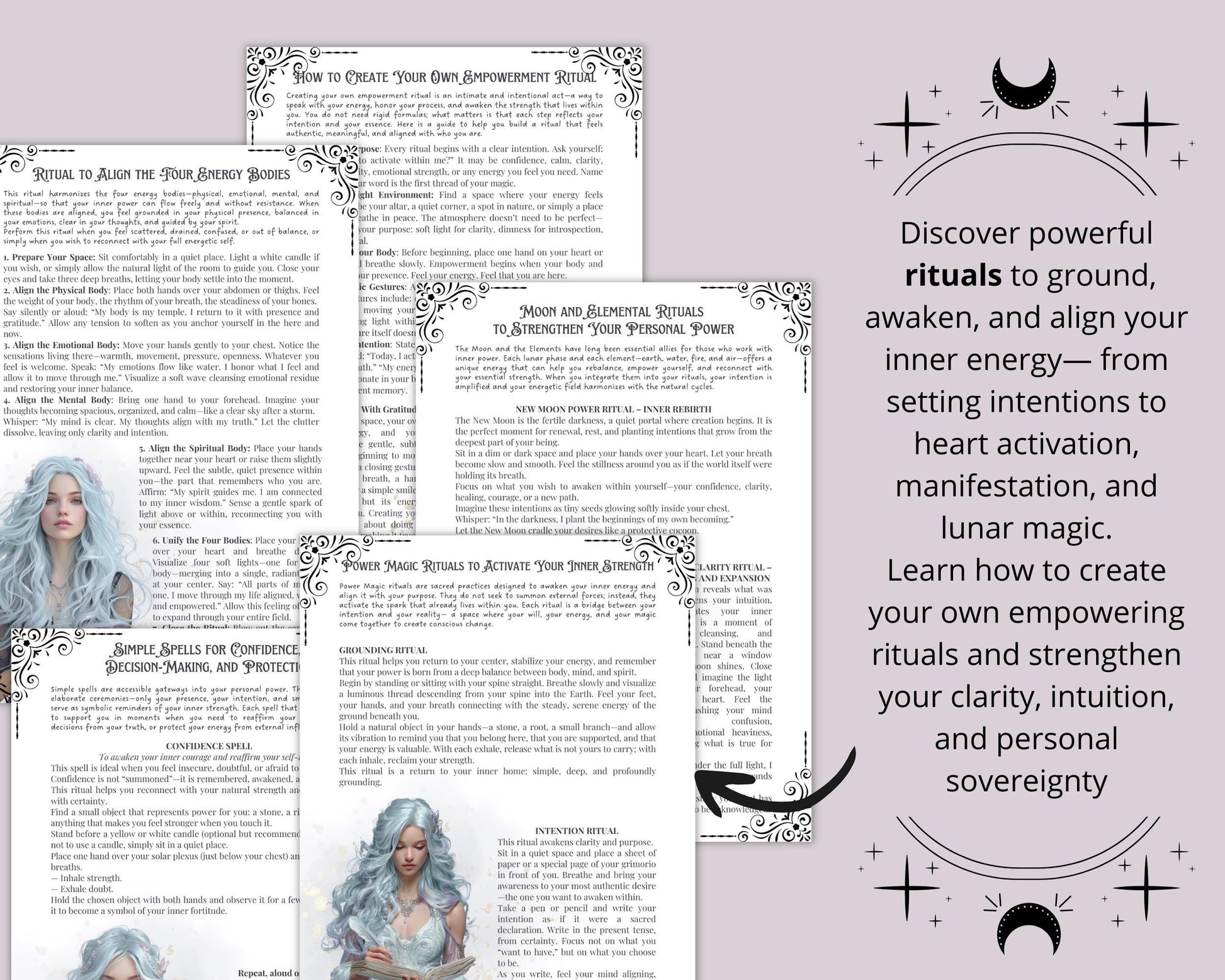 Personal Empowerment Grimoire pages • Spells, Rituals, Crystals, Herbs, Moon Magic • Printable.