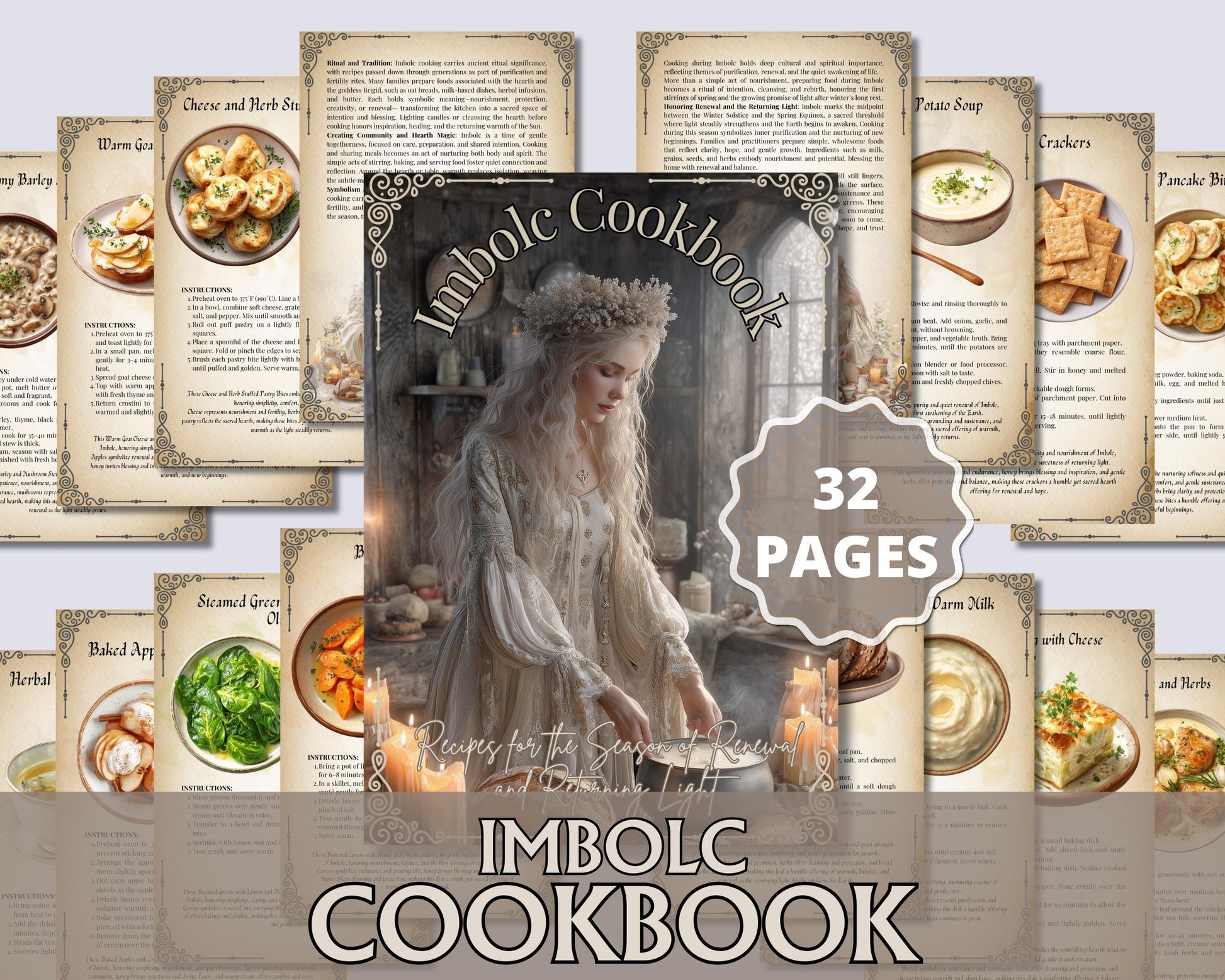 Imbolc Grimoire Pages – Kitchen Witch Magic, Ritual Recipes & Sacred Hearth Cooking–Printable