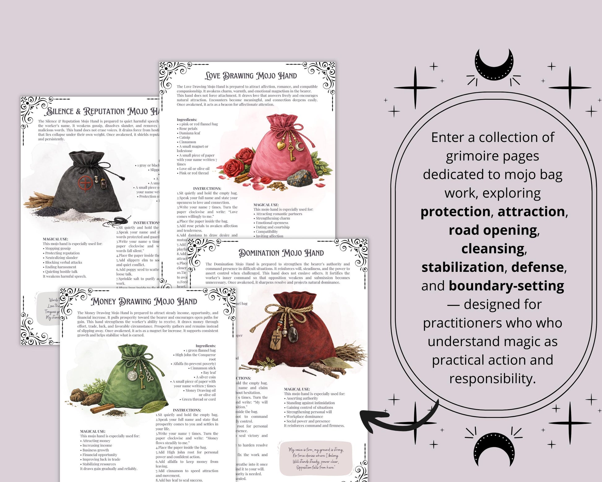Mojo Bags Grimoire Pages | Hoodoo Mojo Hand Rituals | Protection, Money, Love & Road Opening Work