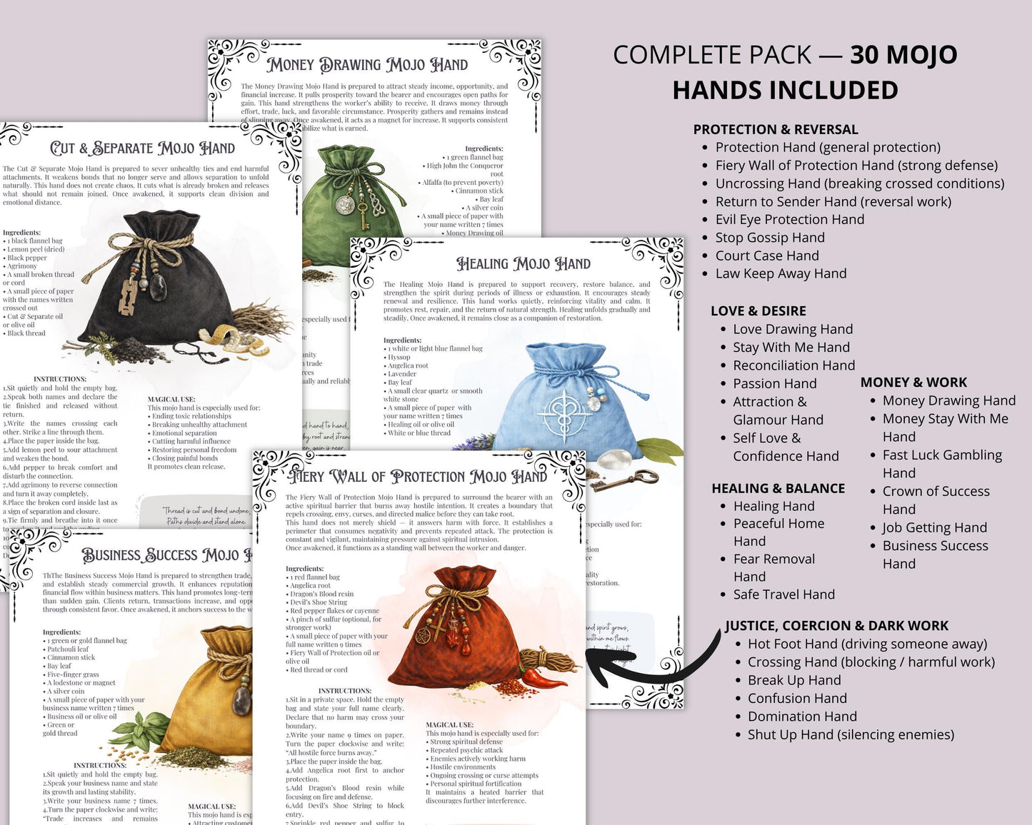 Mojo Bags Grimoire Pages | Hoodoo Mojo Hand Rituals | Protection, Money, Love & Road Opening Work