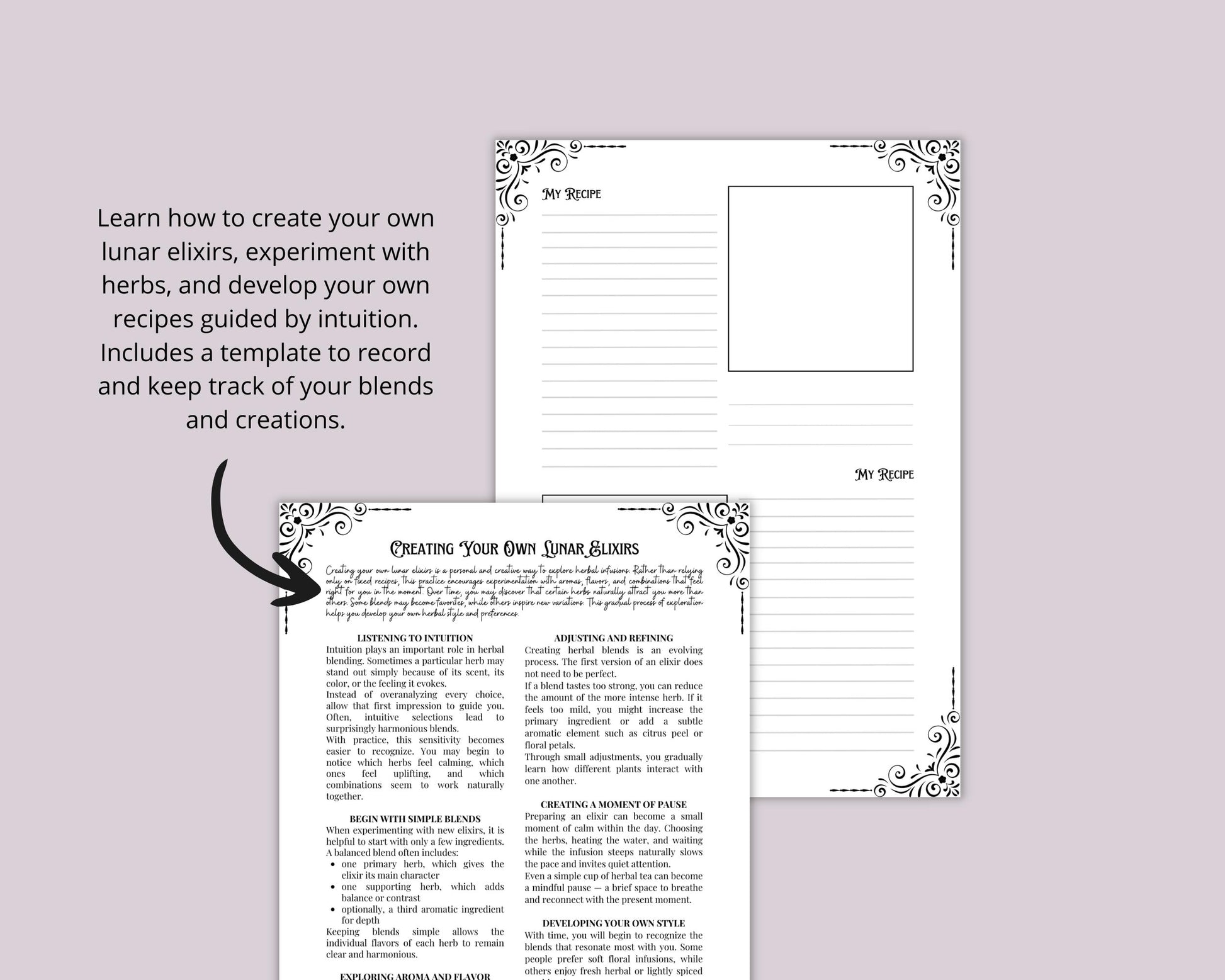 Lunar Elixir Recipes, Witchy Herbal Tea Guide, Printable Grimoire Pages