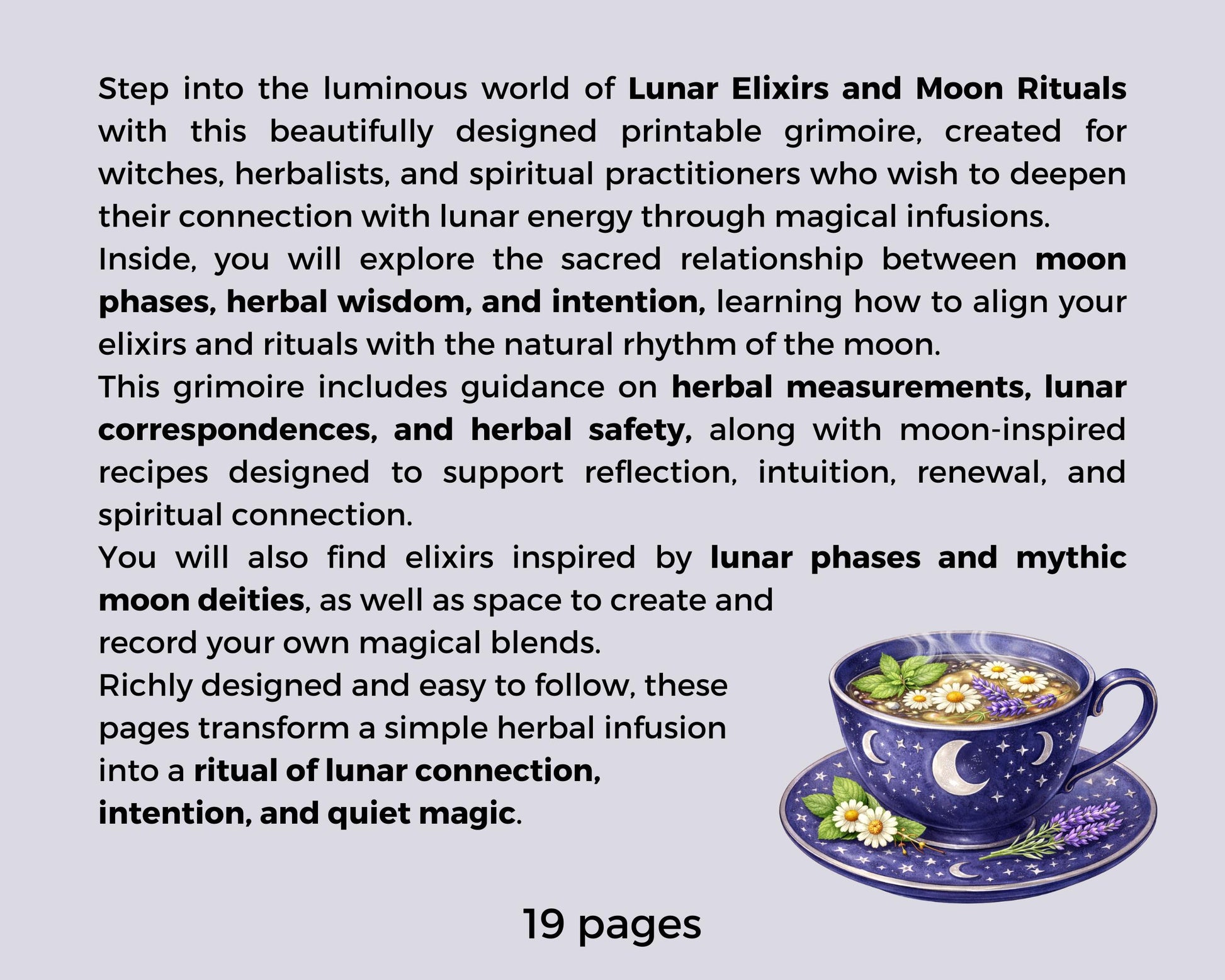 Lunar Elixir Recipes, Witchy Herbal Tea Guide, Printable Grimoire Pages