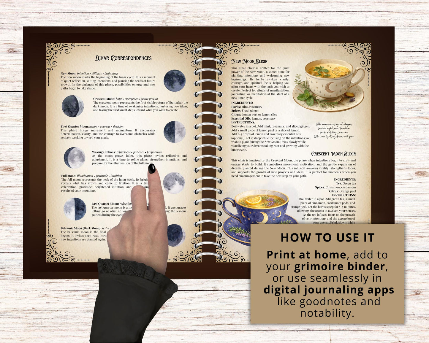 Lunar Elixir Recipes, Witchy Herbal Tea Guide, Printable Grimoire Pages