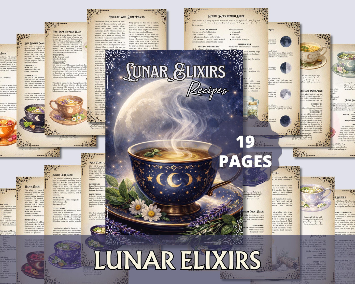 Lunar Elixir Recipes, Witchy Herbal Tea Guide, Printable Grimoire Pages