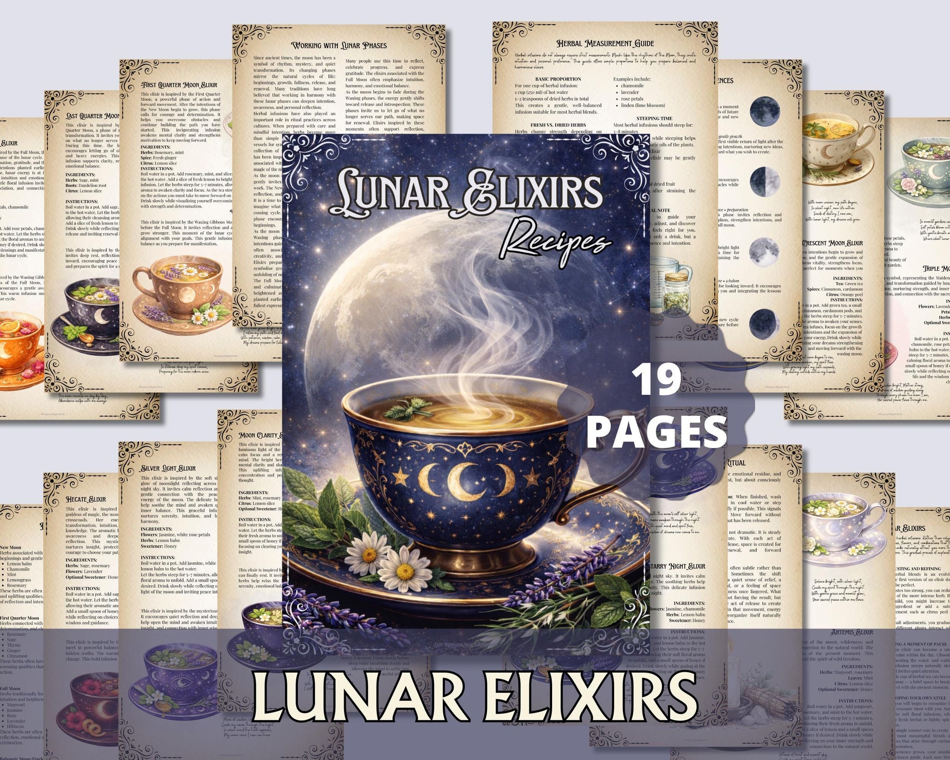 Lunar Elixir Recipes, Witchy Herbal Tea Guide, Printable Grimoire Pages