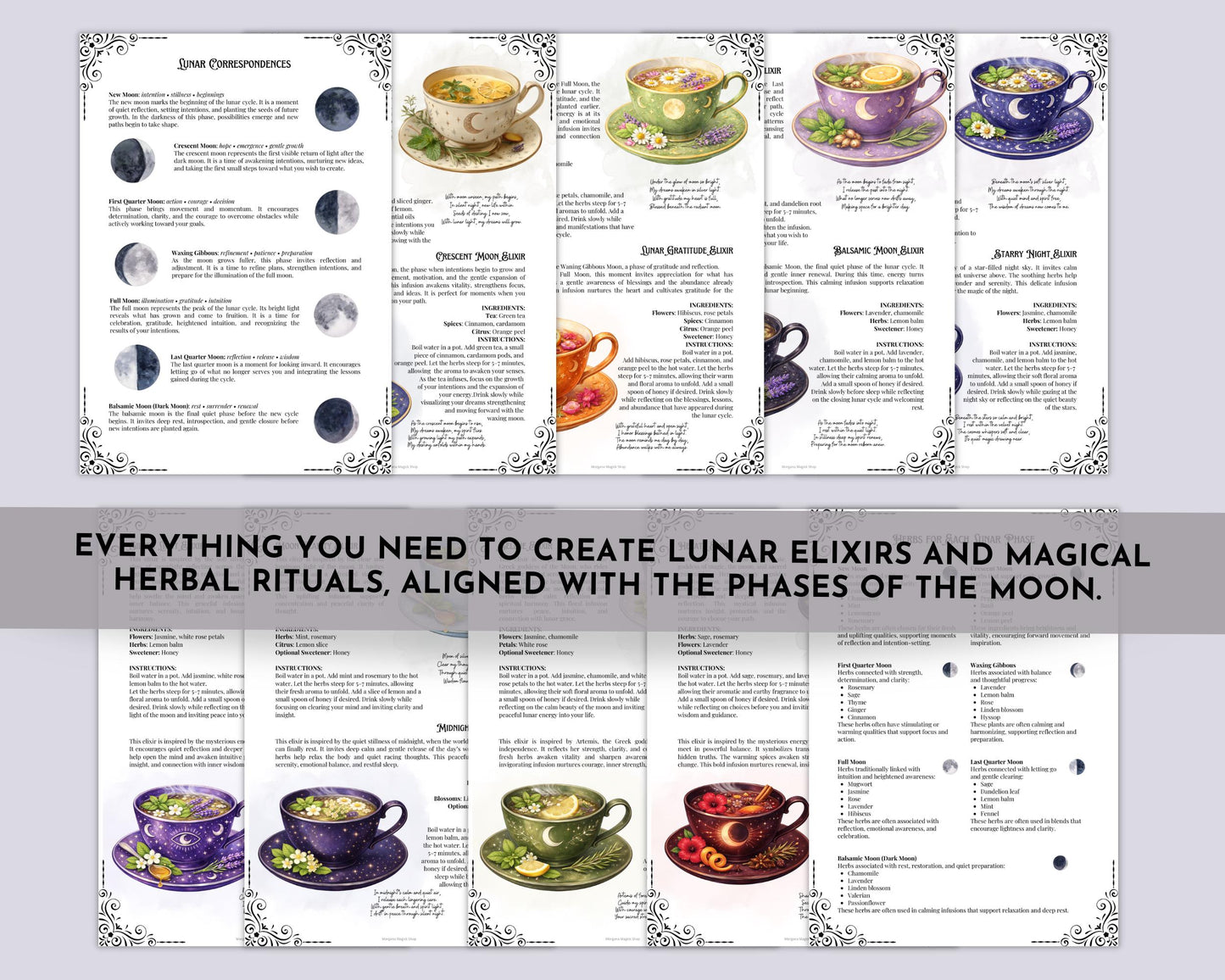 Lunar Elixir Recipes, Witchy Herbal Tea Guide, Printable Grimoire Pages