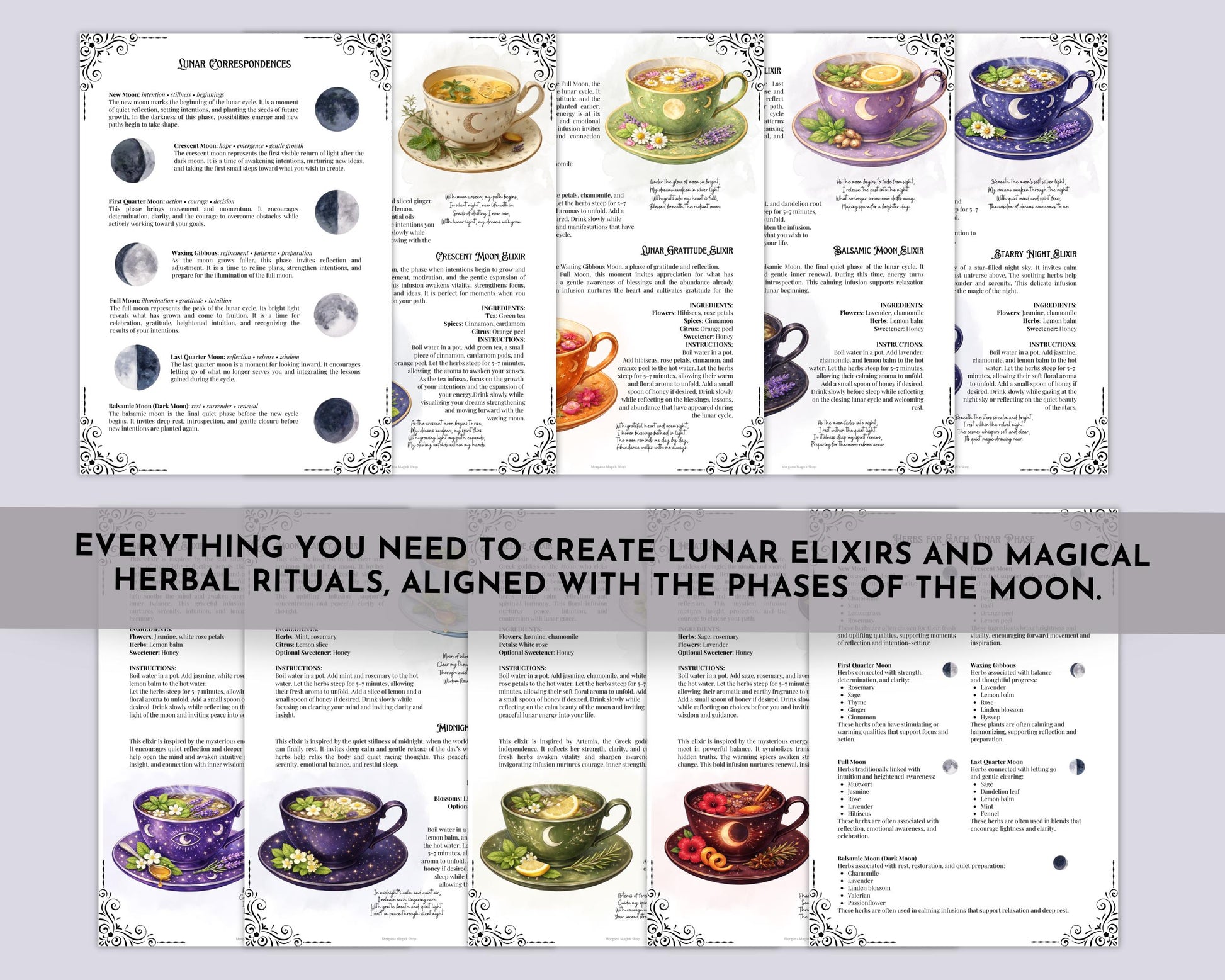 Lunar Elixir Recipes, Witchy Herbal Tea Guide, Printable Grimoire Pages