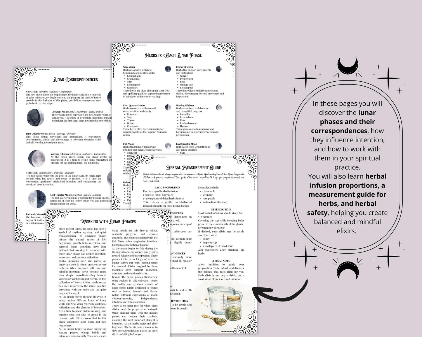 Lunar Elixir Recipes, Witchy Herbal Tea Guide, Printable Grimoire Pages