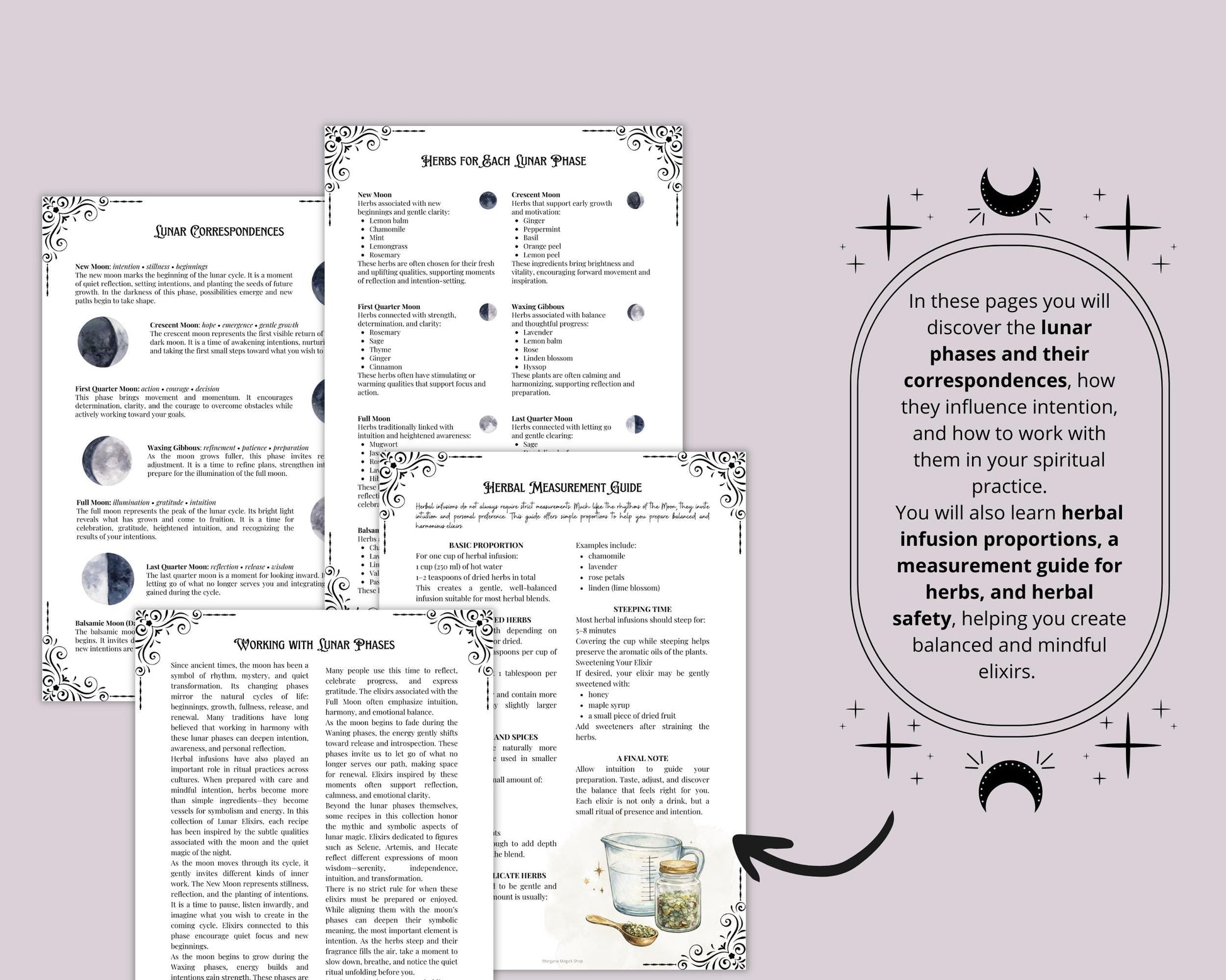 Lunar Elixir Recipes, Witchy Herbal Tea Guide, Printable Grimoire Pages