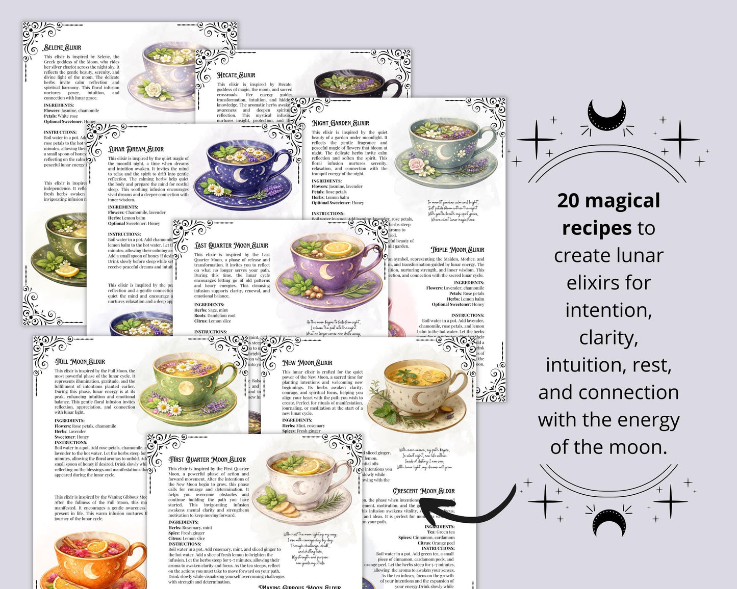 Lunar Elixir Recipes, Witchy Herbal Tea Guide, Printable Grimoire Pages