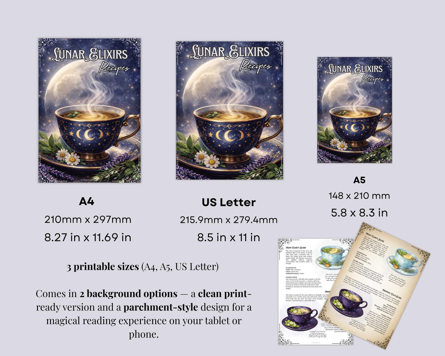 Lunar Elixir Recipes, Witchy Herbal Tea Guide, Printable Grimoire Pages